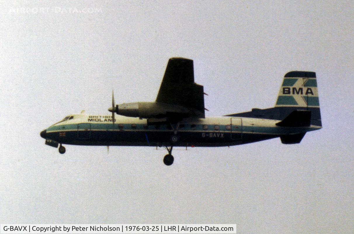 G-BAVX, 1967 Handley Page HPR-7 Herald 214 C/N 194, Herald 214 of British Midland Airways on final approach to Runway 10L at Heathrow in March 1976.