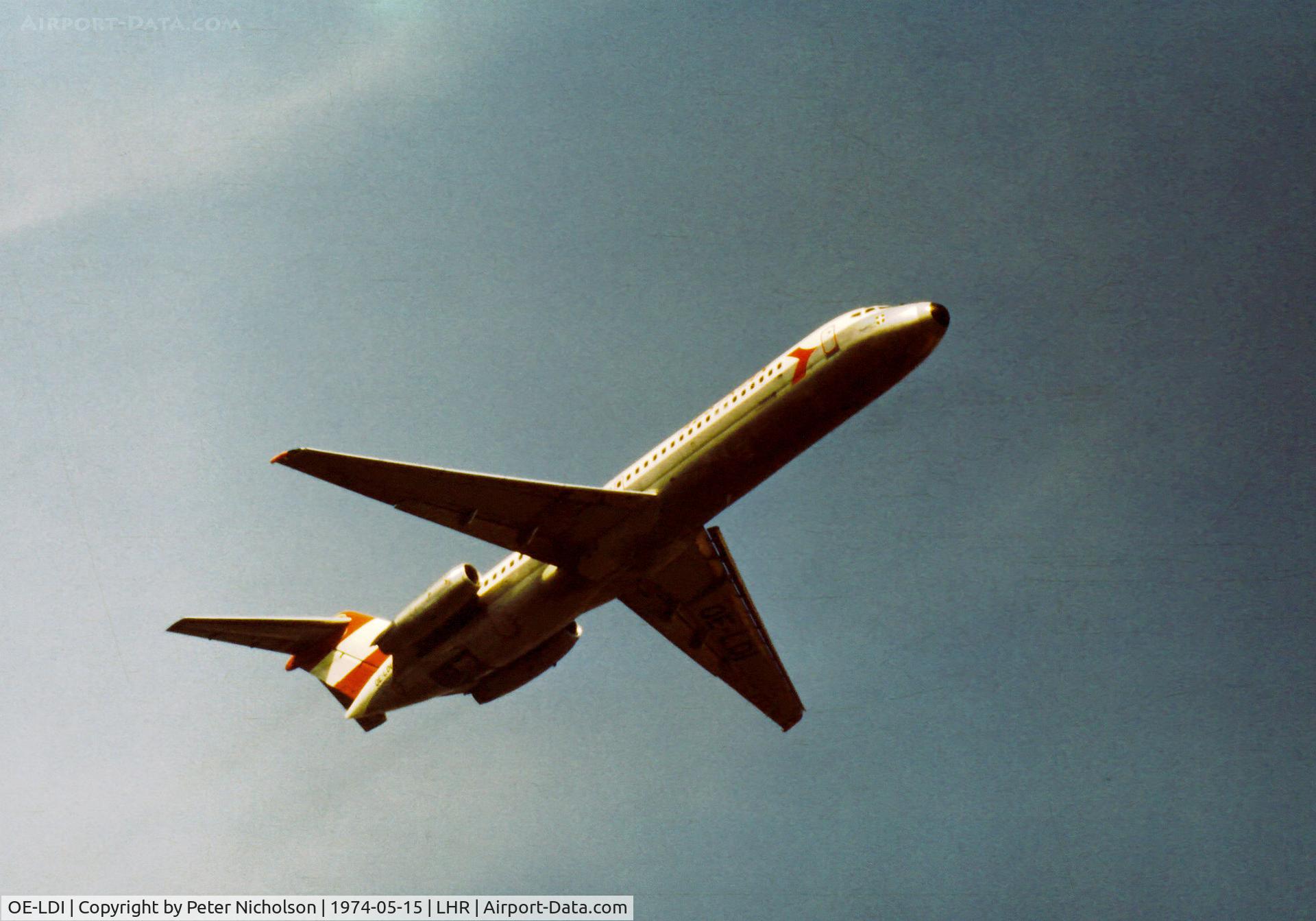 OE-LDI, 1972 Douglas DC-9-32 C/N 47559, DC-9-32 of Austrian Airlines climbing out of Heathrow in May 1974.