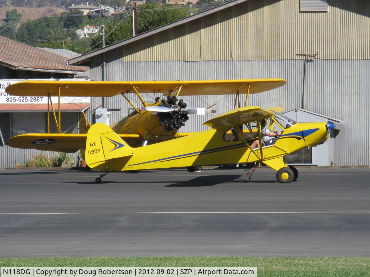 N118DG, 2008 Piper PA-18 Replica C/N 001, 2008 Ganzer XPA18, Continental O-200 100 Hp, wing Micro Vortex generators, taxi to 22