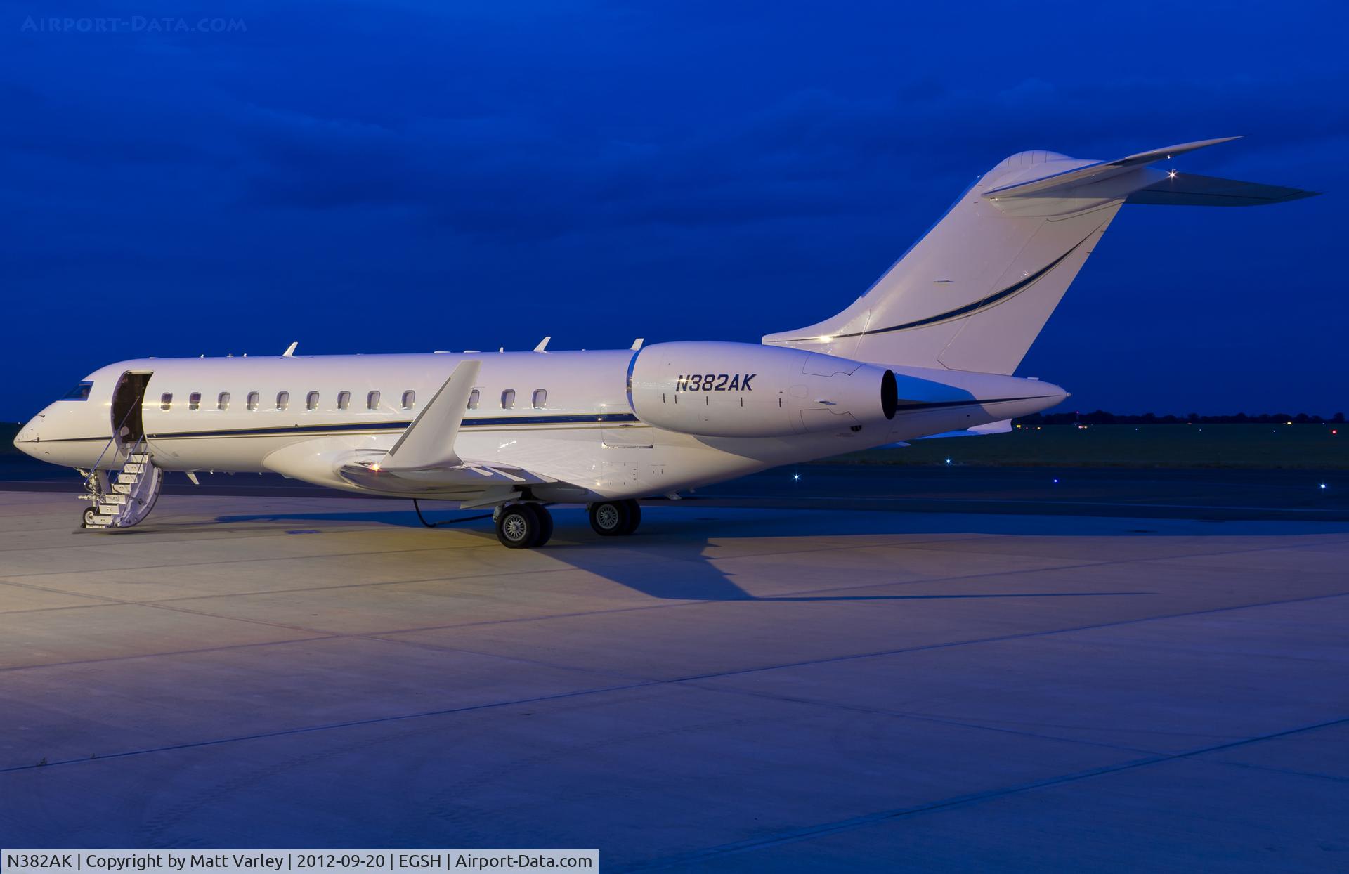 N382AK, 2005 Bombardier BD-700-1A10 Global Express XRS C/N 9181, Sat on stand at SaxonAir in the twilight.