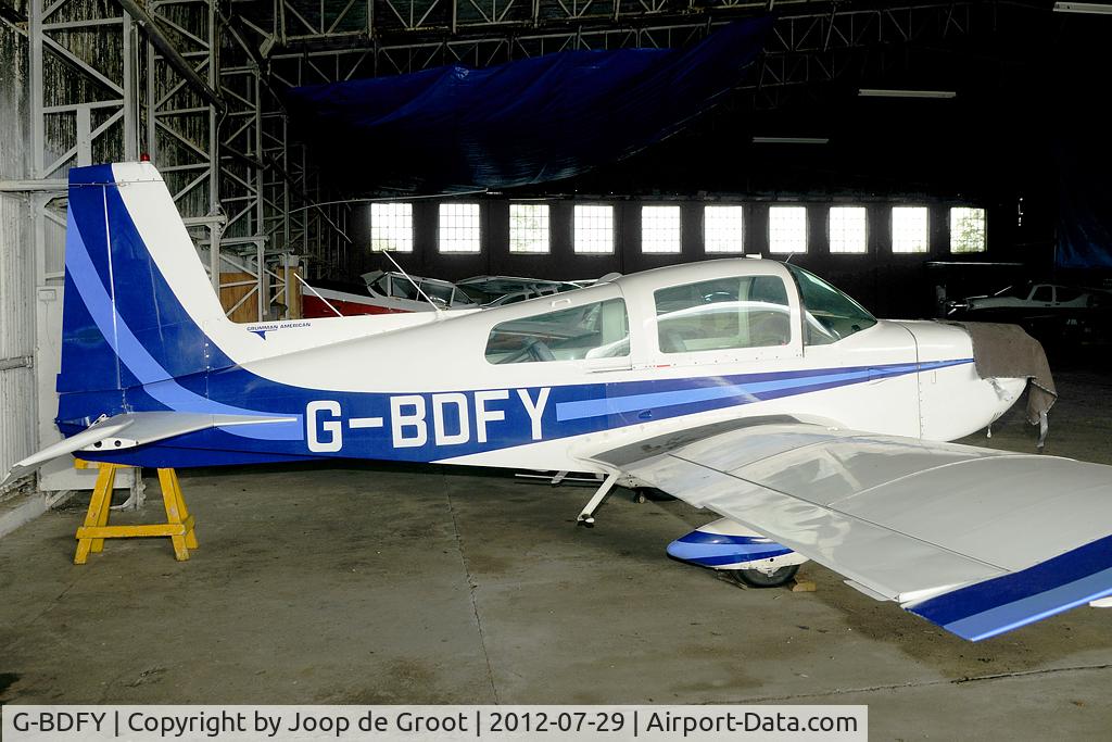 G-BDFY, 1975 Grumman American AA-5 Traveler C/N AA5-0806, undergoing maintenance in the Kirknewton hangar