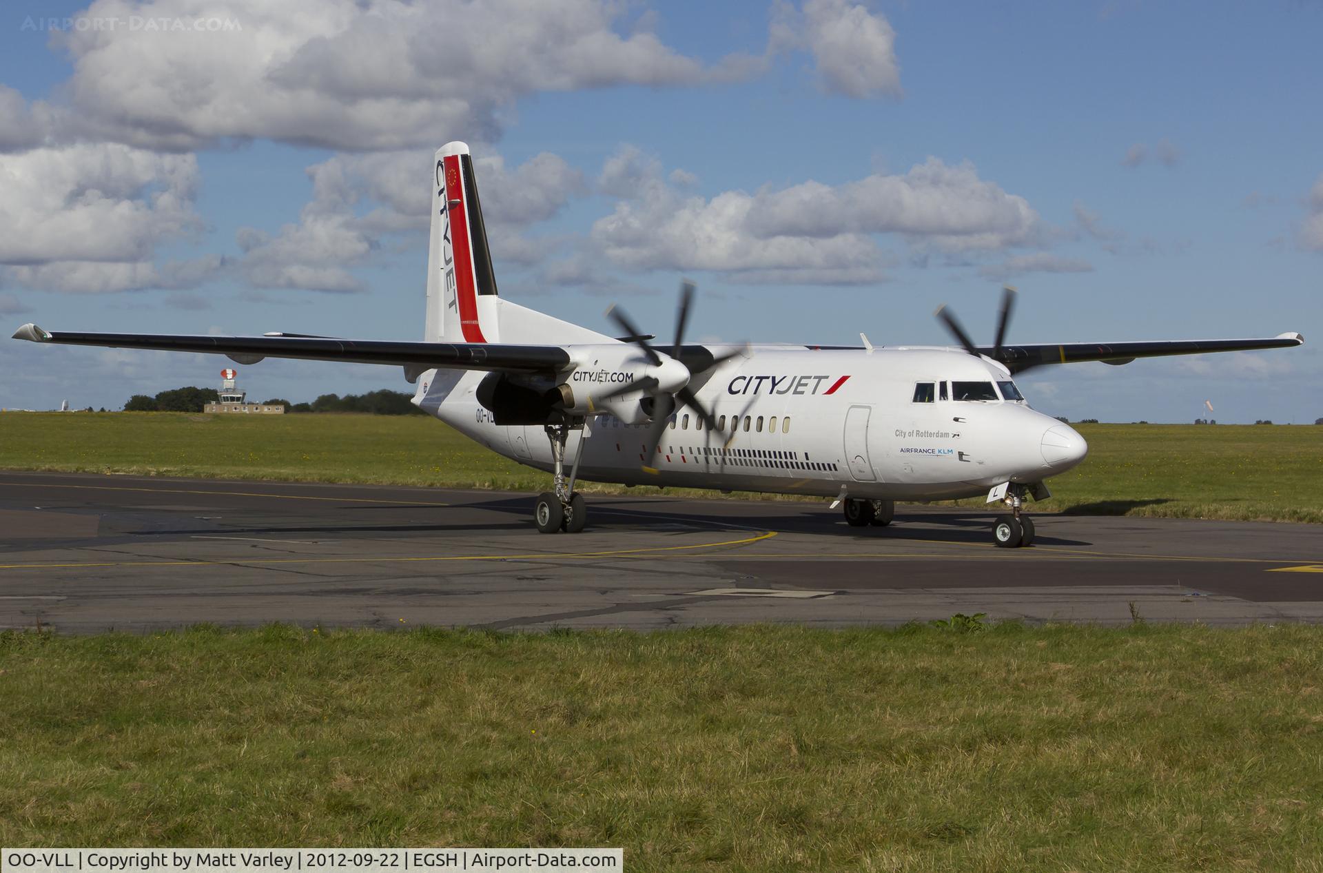 OO-VLL, 1989 Fokker 50 C/N 20144, Arriving at EGSH for the football charter.
