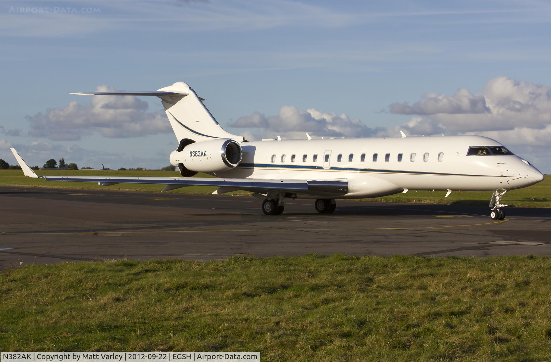 N382AK, 2005 Bombardier BD-700-1A10 Global Express XRS C/N 9181, Departing SaxonAir in the evening sun.