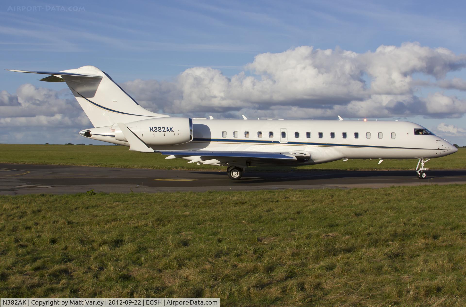 N382AK, 2005 Bombardier BD-700-1A10 Global Express XRS C/N 9181, Departing SaxonAir in the evening sun.