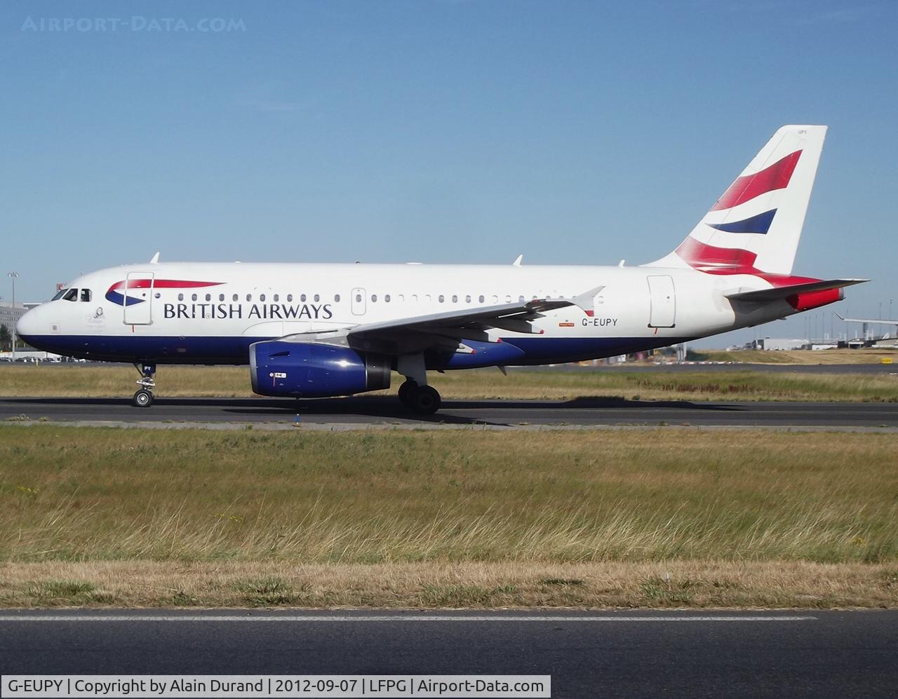 G-EUPY, 2001 Airbus A319-131 C/N 1466, Coming up with a white rudder.