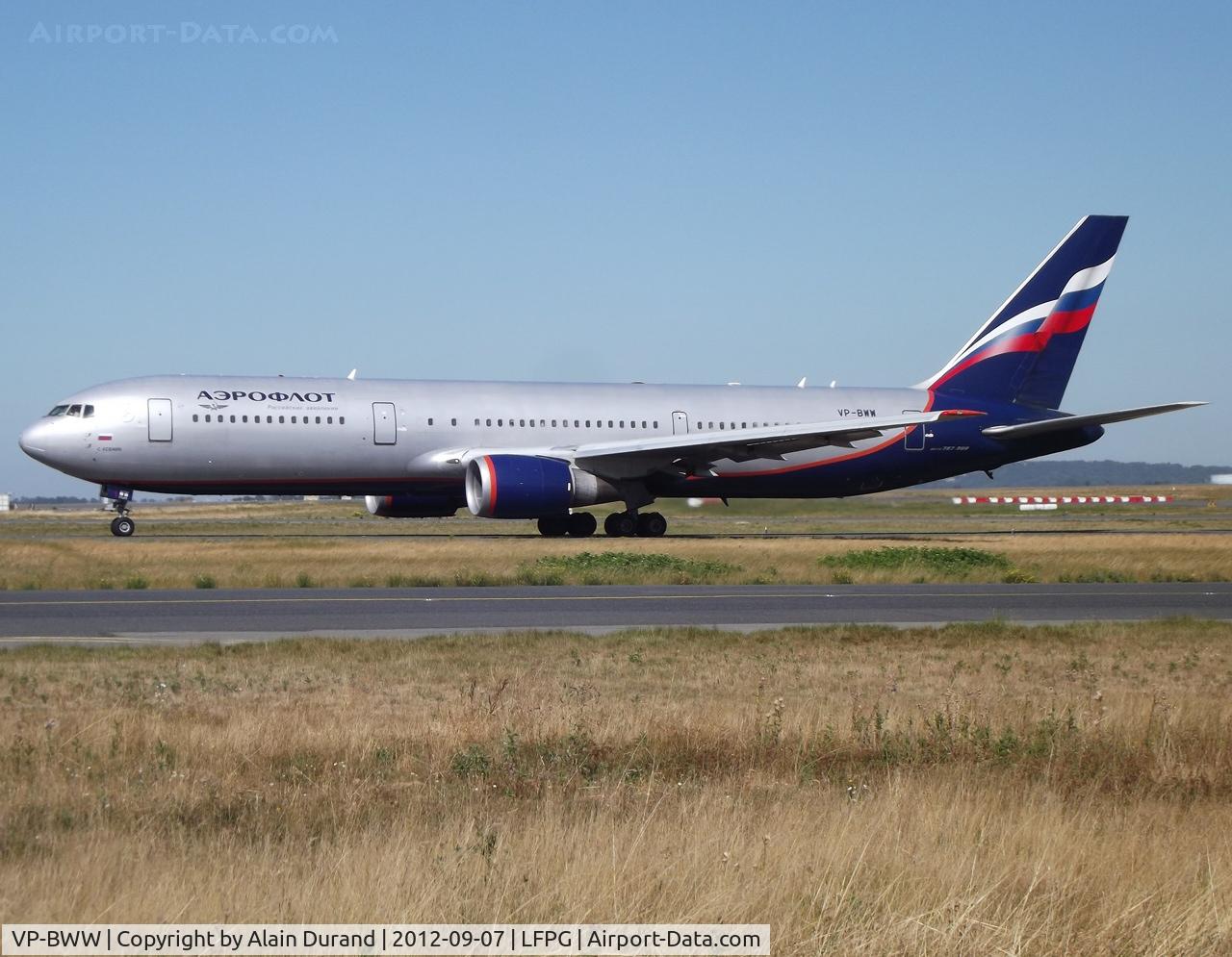 VP-BWW, 1996 Boeing 767-306/ER C/N 27959, C/N 609 spent her first ten years serving KLM from 1996 until 2006 as PH-BZF. Her next and current contract courtesy of ILFC is running with Aeroflot. named S.Esenin, Whisky-Whisky taxies to runway 09R while posing for the camera.