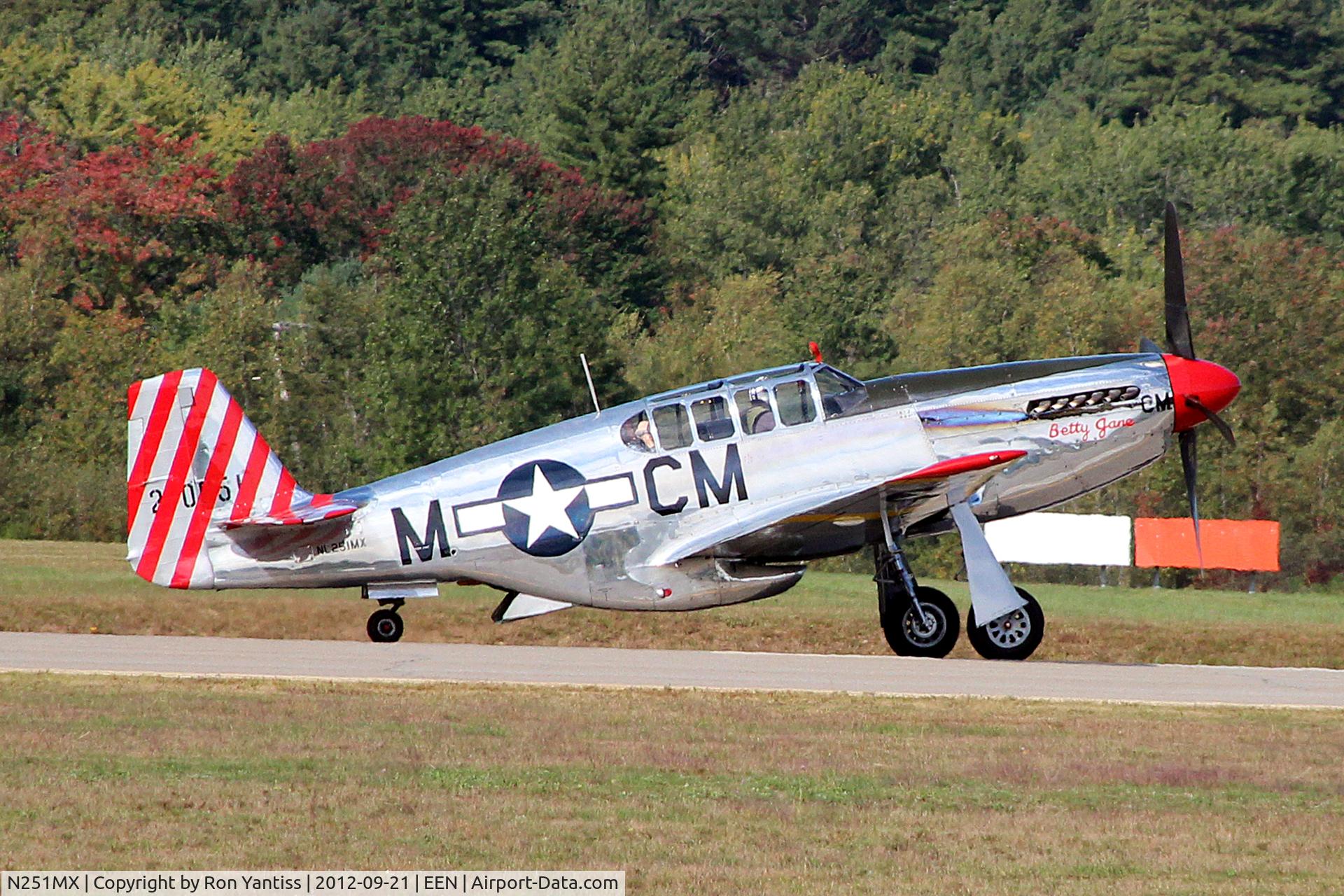 N251MX, 1943 North American P-51C-10 Mustang C/N 103-22730, Taxiing on runway 02 after landing, Dillant-Hopkins Airport, Keene, NH