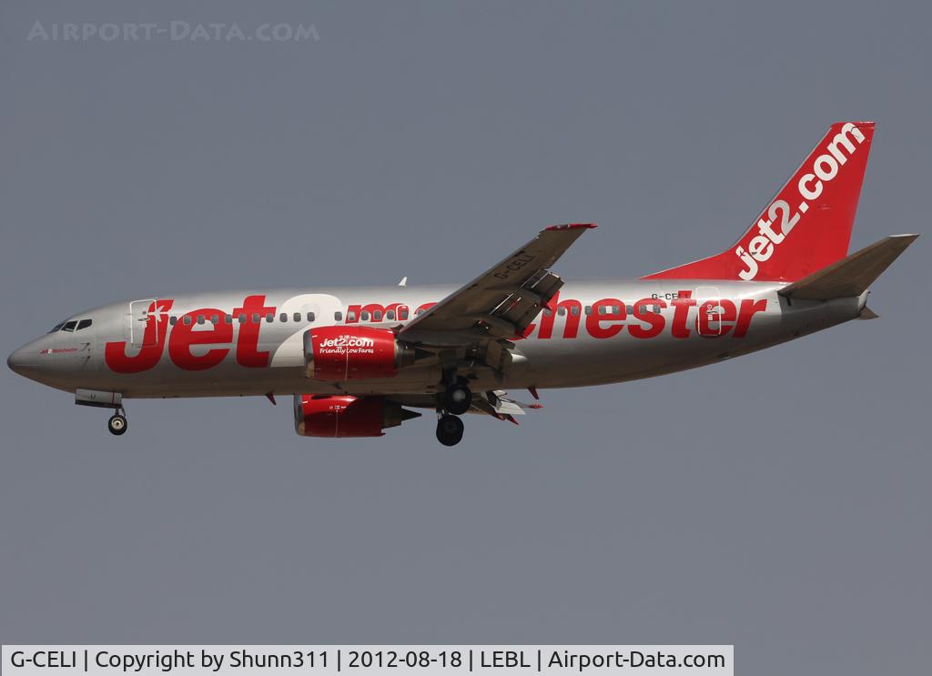 G-CELI, 1986 Boeing 737-330 C/N 23526, Landing rwy 25R with Manchester titles