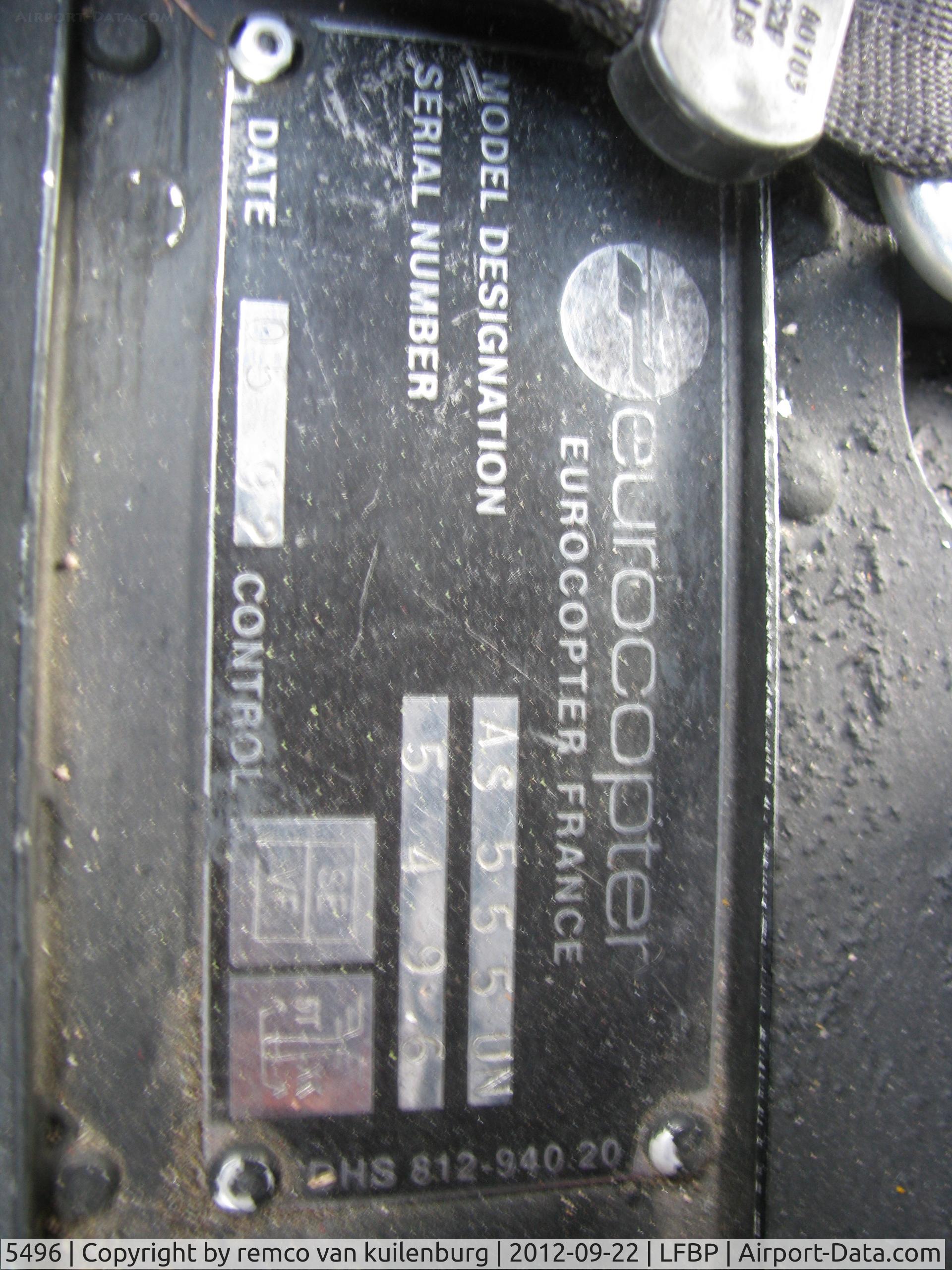5496, 1992 Eurocopter AS-555UN Fennec C/N 5496, c/n plate