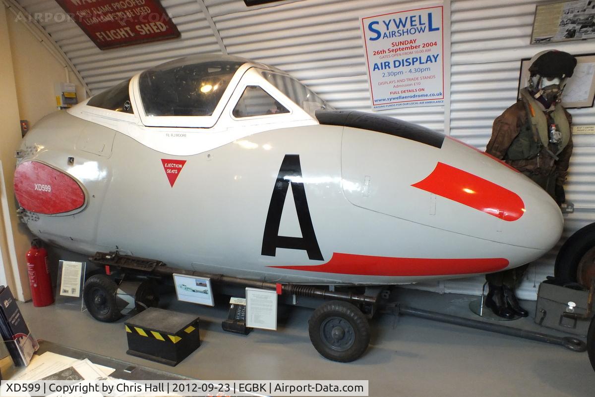 XD599, 1954 De Havilland DH-115 Vampire T.11 C/N 15451, Cockpit section preserved in the Sywell Aviation Museum in the colours of the Central Air Traffic Control School when it was based at RAF Shawbury.