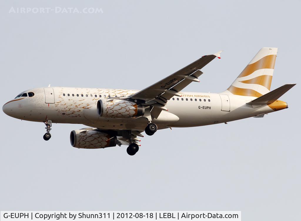 G-EUPH, 2000 Airbus A319-131 C/N 1225, Landing rwy 07L in Dove c/s