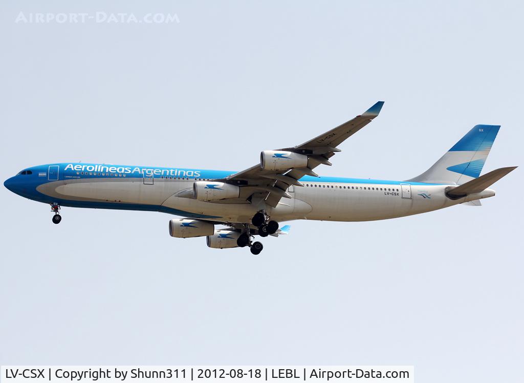 LV-CSX, 2000 Airbus A340-313X C/N 373, Landing rwy 07L in new c/s