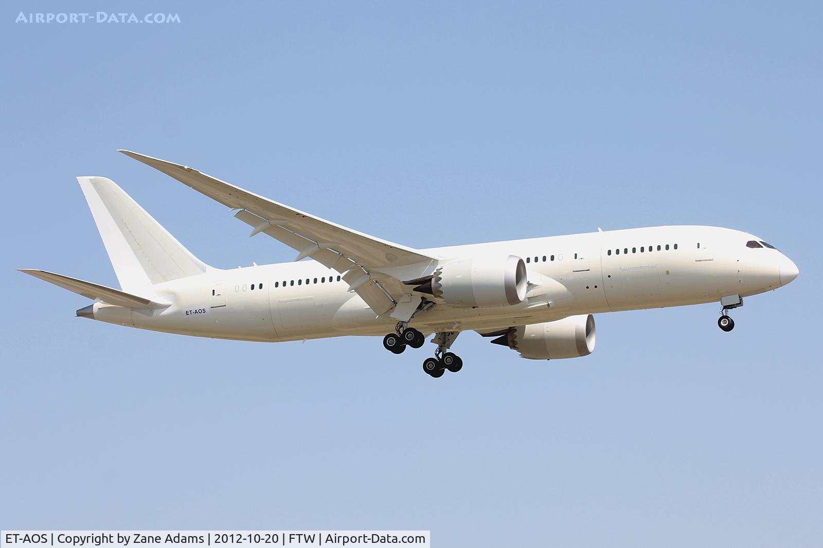 ET-AOS, 2012 Boeing 787-8 Dreamliner C/N 34747, Ethiopian 787 landing at Meacham Field in Fort Worth, TX for paint.