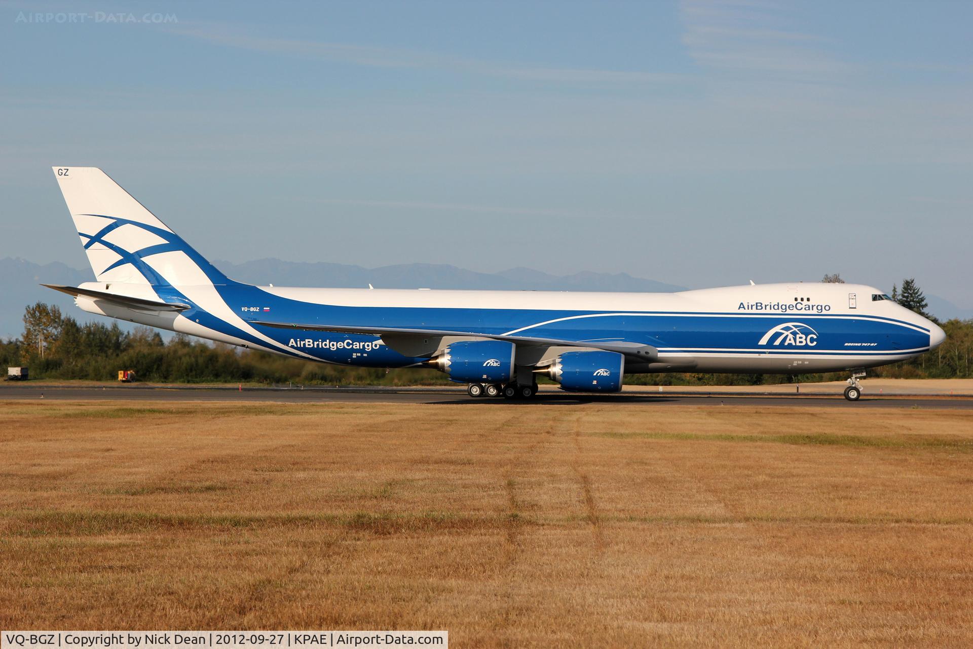 VQ-BGZ, 2012 Boeing 747-8HVF/SCD C/N 37580, KPAE/PAE Boeing 601 taxiing back to the ramp after a failed attempt at first flight this morning.