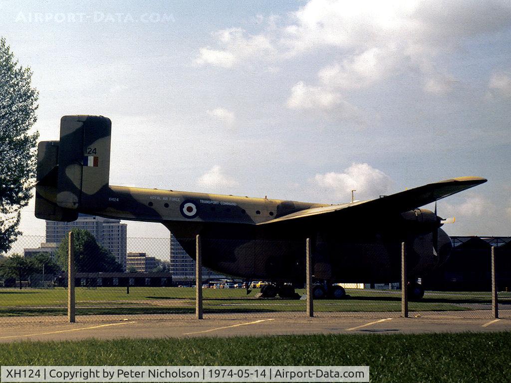 XH124, 1957 Blackburn Beverley C.1 C/N 1030, Beverley C.1 on display at the entrance to the Royal Air Force Museum at Hendon in May 1974.