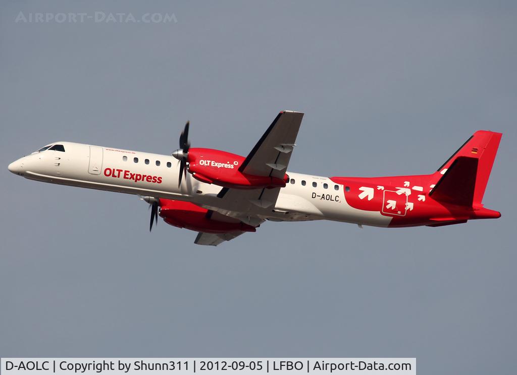 D-AOLC, 1995 Saab 2000 C/N 2000-016, Taking off from rwy 32R in OLT Express c/s