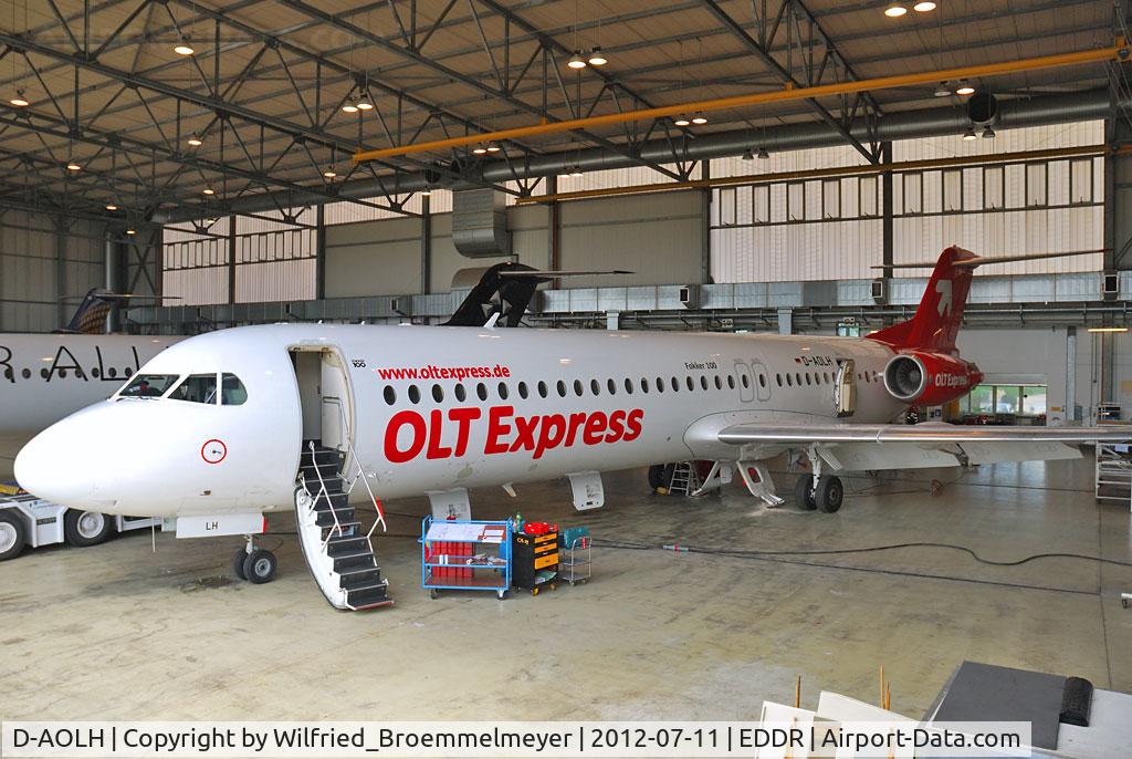 D-AOLH, 1989 Fokker 100 (F-28-0100) C/N 11265, Inside the Contact Air Hangar for Maintenance.
