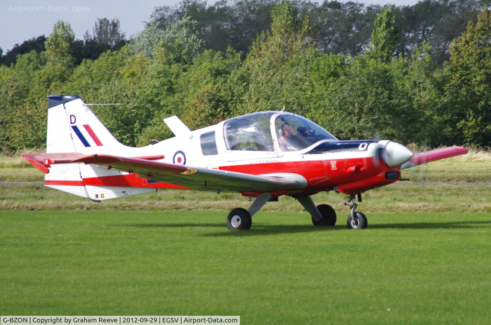 G-BZON, 1973 Scottish Aviation Bulldog T.1 C/N BH120/214, Just landed.