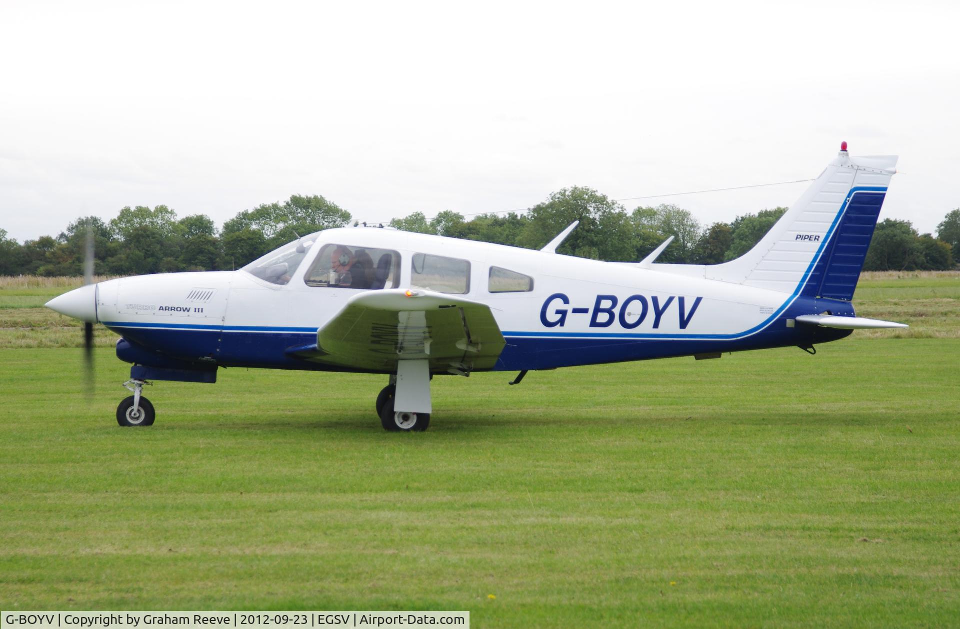 G-BOYV, 1977 Piper PA-28R-201T Turbo Cherokee Arrow III C/N 28R-7703014, About to depart.