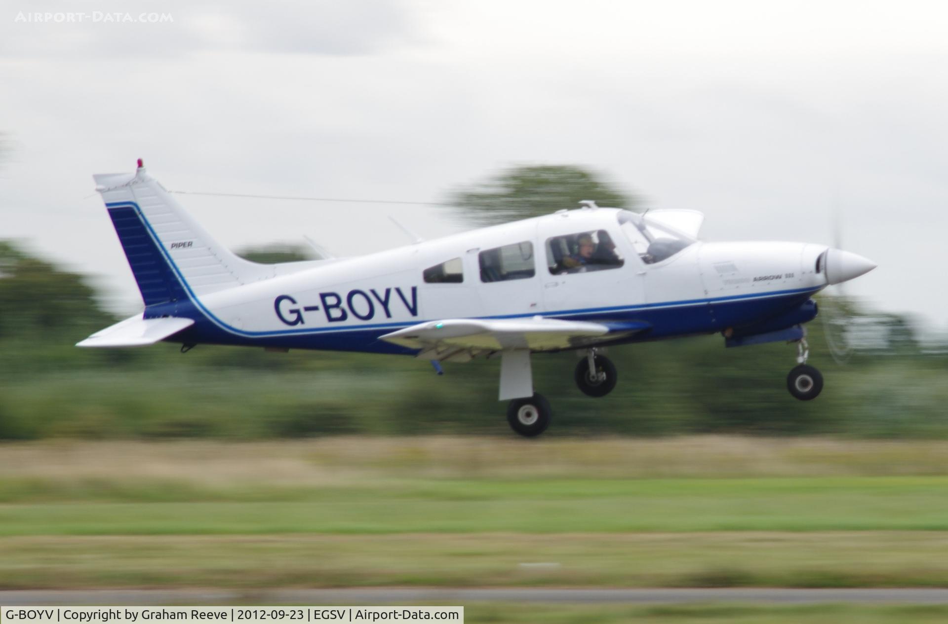 G-BOYV, 1977 Piper PA-28R-201T Turbo Cherokee Arrow III C/N 28R-7703014, Just taken off.