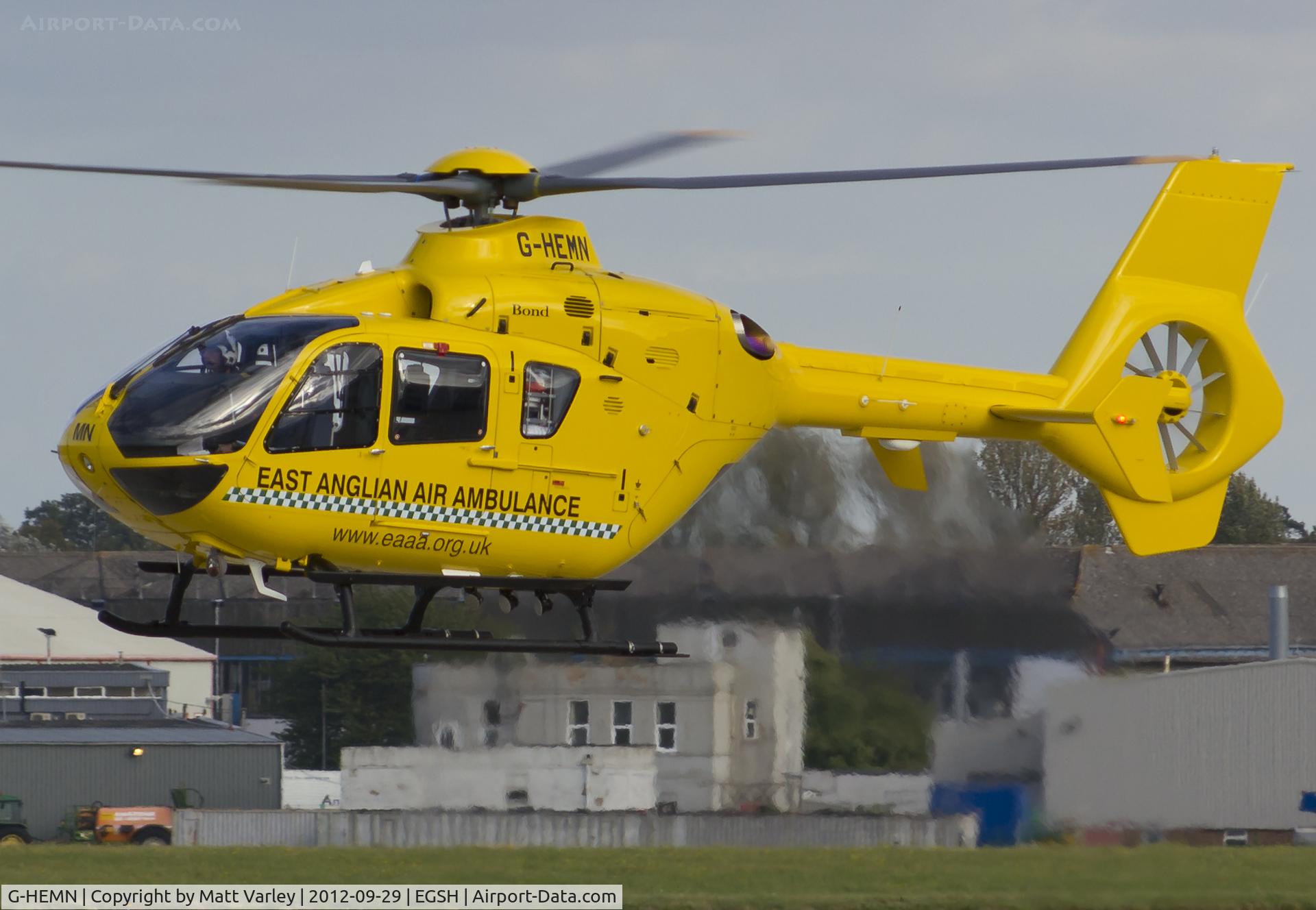 G-HEMN, 2012 Eurocopter EC-135T-2+ C/N 1070, Departing SaxonAir after a fuel stop.