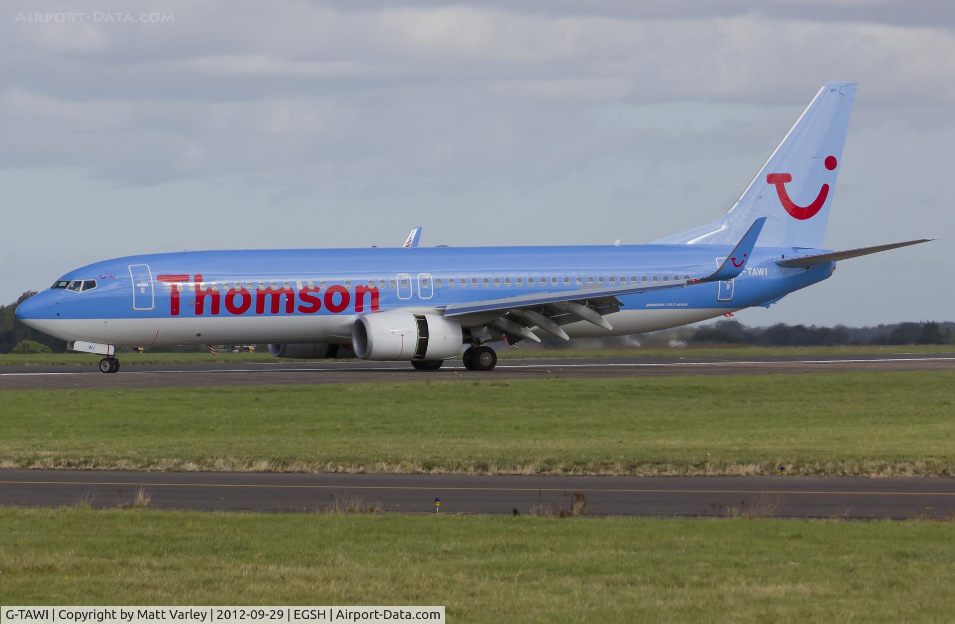 G-TAWI, 2012 Boeing 737-8K5 C/N 37267, Arriving at EGSH.