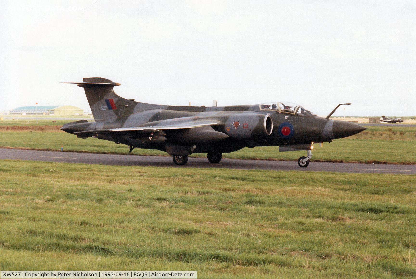 XW527, 1970 Hawker Siddeley Buccaneer S.2B C/N B3-03-69, Buccaneer S.2B of 12 Squadron taxying to Runway 05 at RAF Lossiemouth in September 1993.
