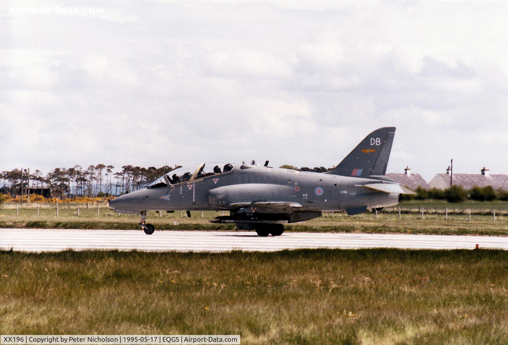 XX196, 1978 Hawker Siddeley Hawk T.1A C/N 043/312043, Hawk T.1A, callsign Eagle 2, of 208 Squadron preparing for take-off from Runway 05 at RAF Lossiemouth in the Summer of 1995.
