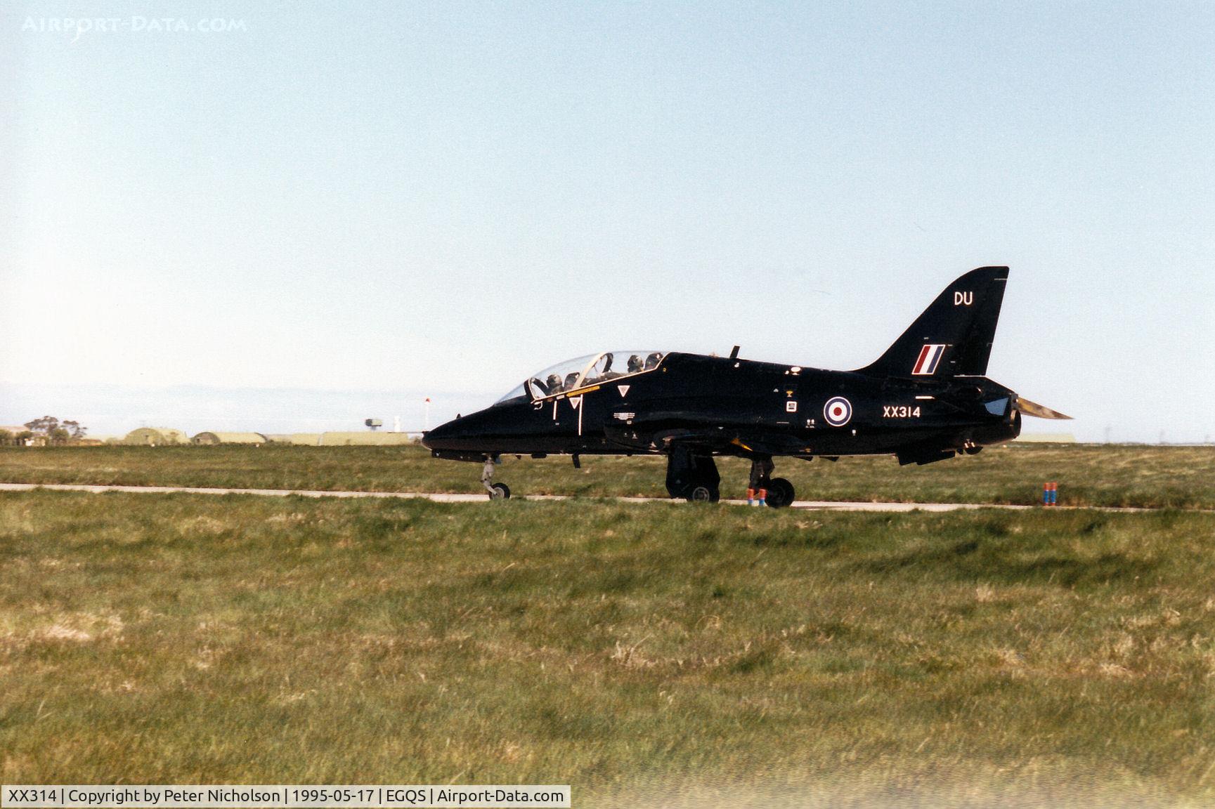 XX314, 1980 Hawker Siddeley Hawk T.1A C/N 150/312139, Hawk T.1A, callsign Eagle 1, of 208 Squadron taxying to Runway 05 at RAF Lossiemouth in the Summer of 1995.