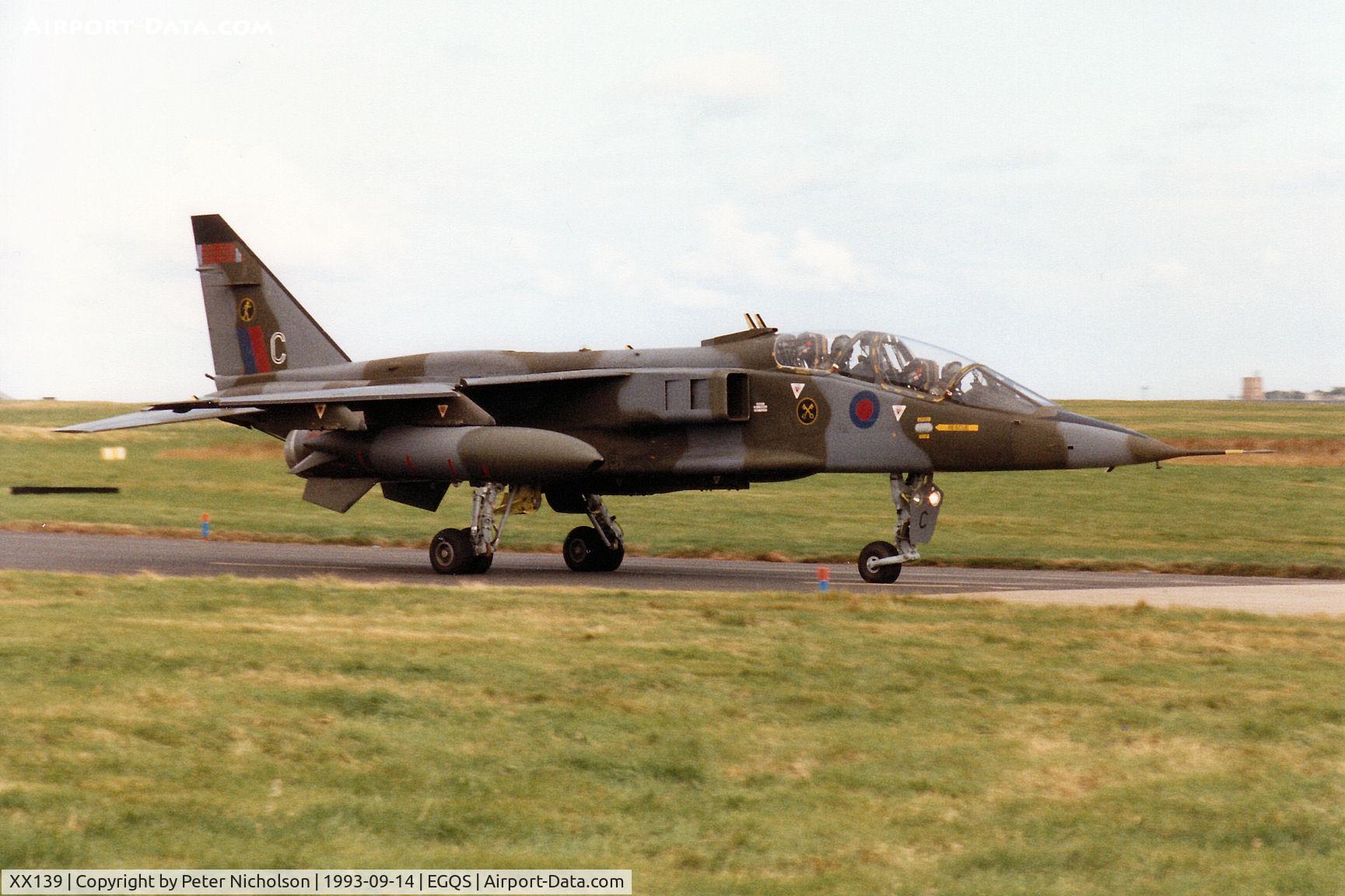XX139, 1973 Sepecat Jaguar T.2A C/N B.4, Jaguar T.2A of 16[Reserve] Squadron taxying to Runway 05 at RAF Lossiemouth in September 1993.