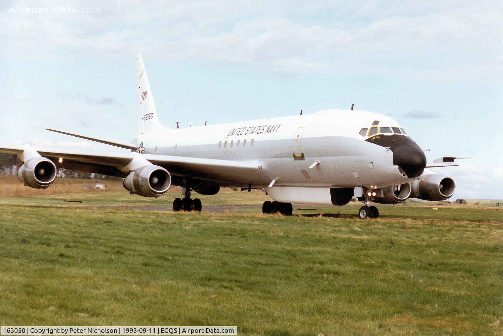 163050, 1966 McDonnell Douglas EC-24A (DC-8-54F) C/N 45881, US Navy's Fleet Electronic Warfare Support Group EC-24A taxying to the active runway at RAF Lossiemouth for an Exerise Solid Stance mission in September 1993.