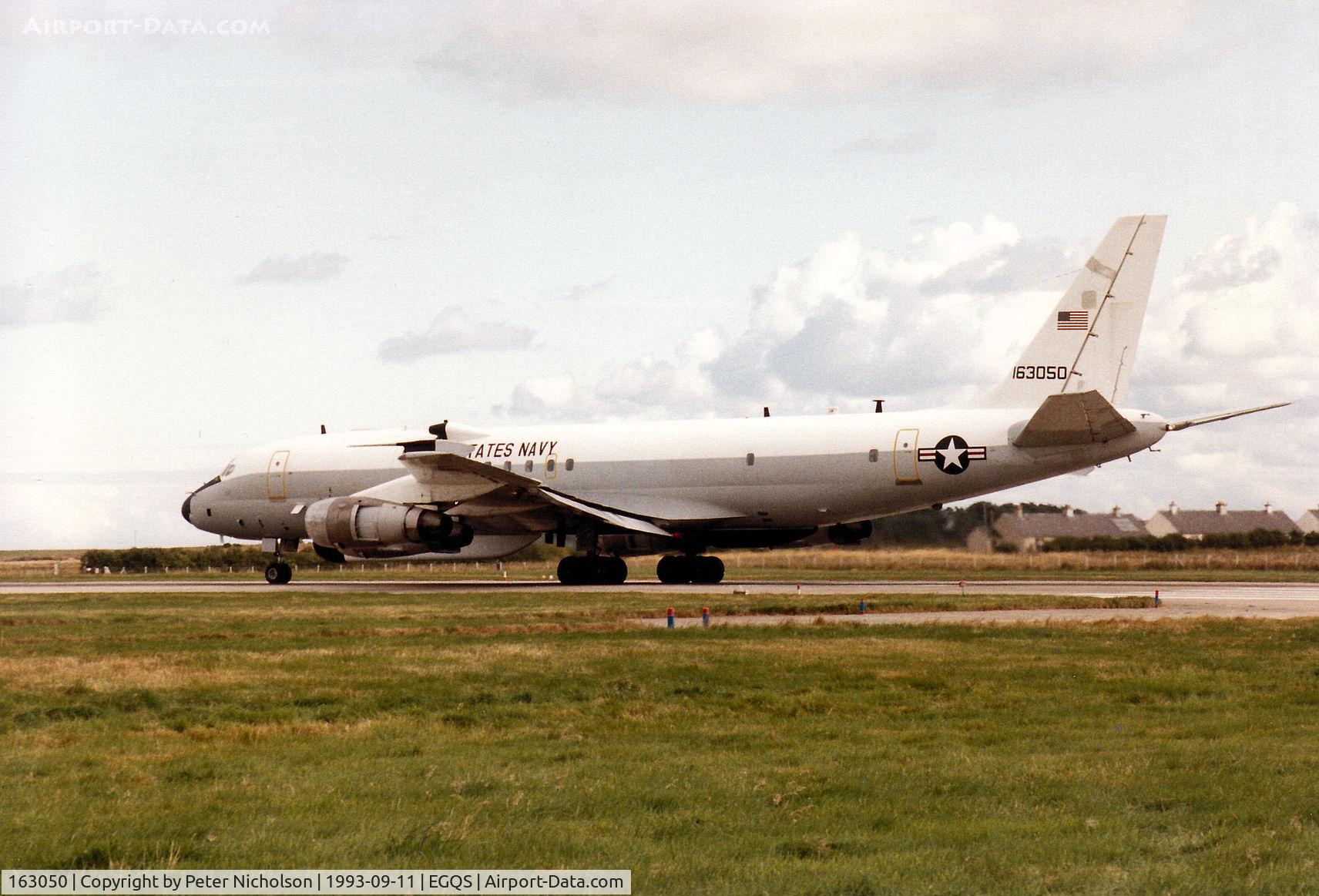 163050, 1966 McDonnell Douglas EC-24A (DC-8-54F) C/N 45881, US Navy's Fleet Electronic Warfare Support Group (FEWSG) EC-24A lined up on Runway 05 at RAF Lossiemouth for an Exerise Solid Stance mission in September 1993.