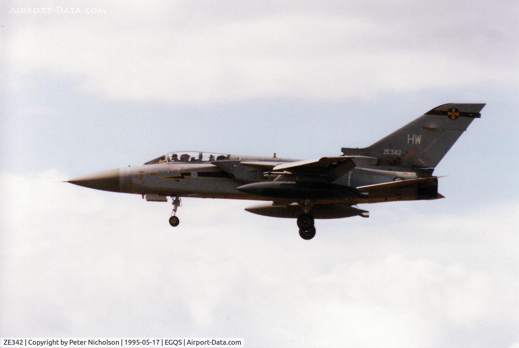 ZE342, 1987 Panavia Tornado F.3 C/N 647/AS044/3288, Tornado F.3 of 111 Squadron at RAF Leuchars on final approach to Runway 23 at RAF Lossiemouth in the Summer of 1995.