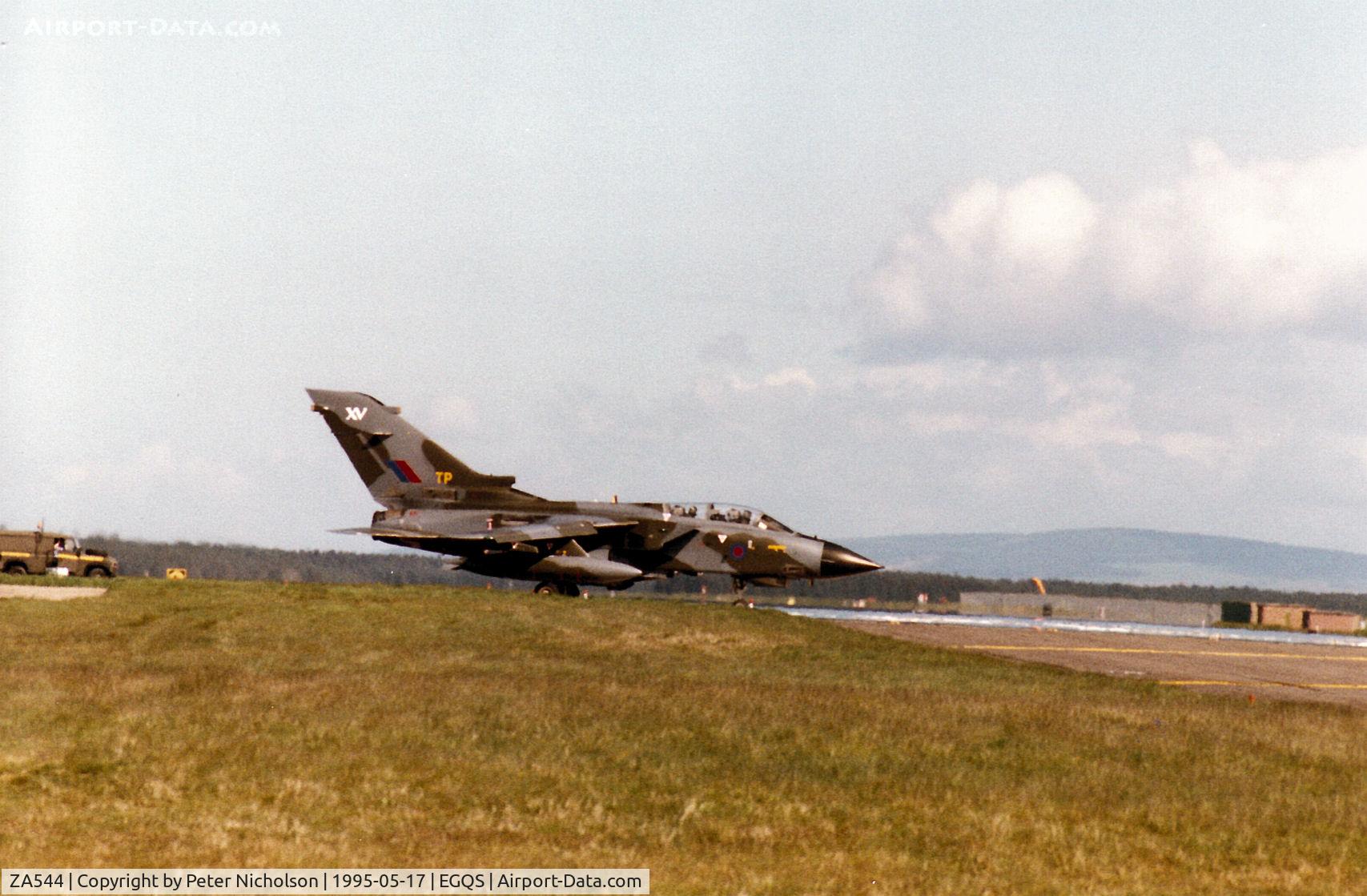 ZA544, 1981 Panavia Tornado GR.1 C/N 054/BT015/3028, Tornado GR.1 of 15[Reserve] Squadron crossing the active runway at RAF Lossiemouth in the Summer of 1995.