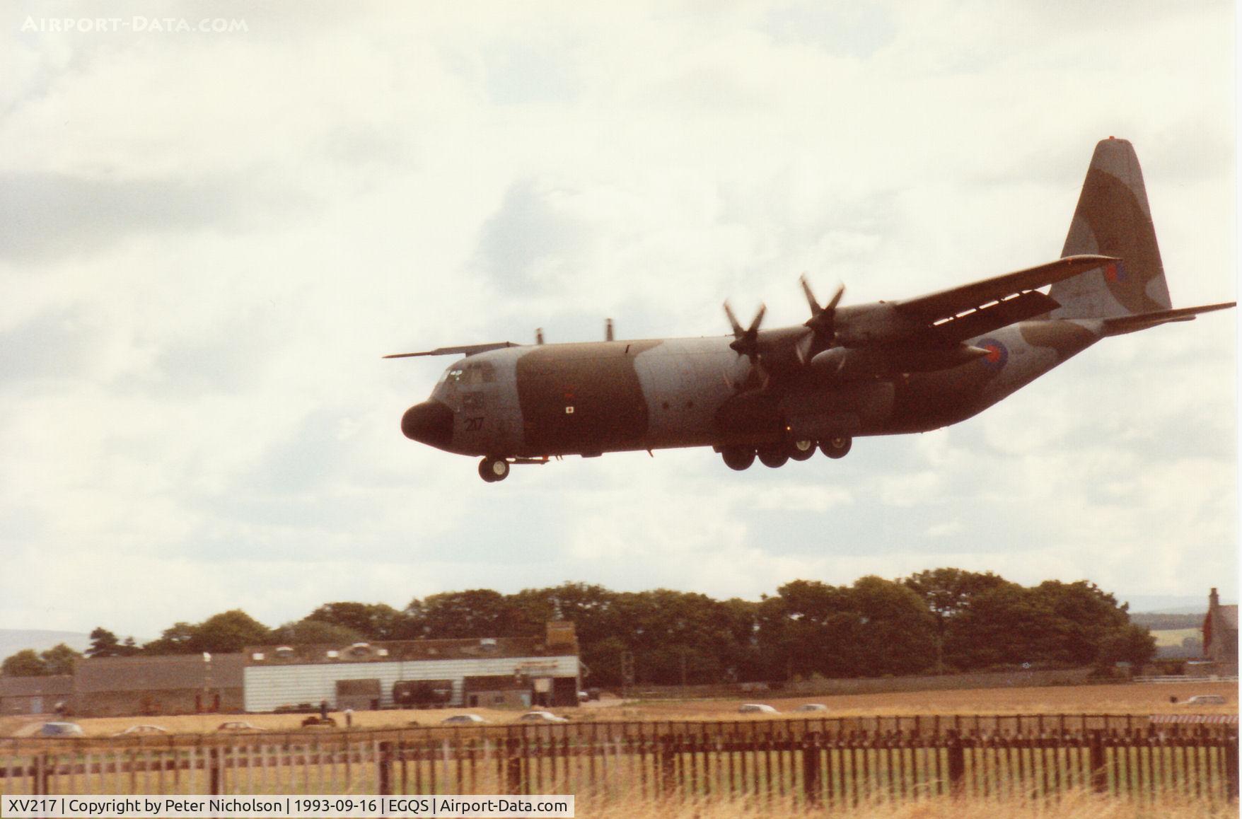 XV217, 1966 Lockheed C-130K Hercules C.3 C/N 382-4244, Hercules C.3P of the Lyneham Transport Wing on final approach to Runway 05 at RAF Lossiemouth in September 1993.