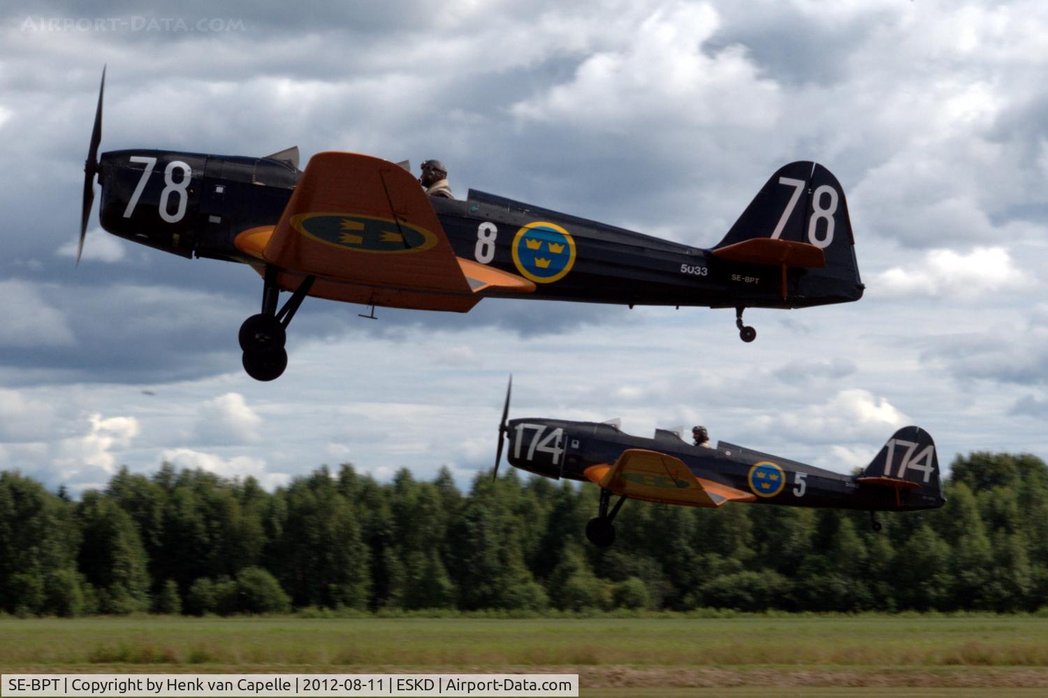 SE-BPT, 1940 Klemm Kl-35D C/N 1922-627, Two Klemm Kl 35Ds taking off from Dala-Järna airfield, Sweden. Behind is SE-BPU.