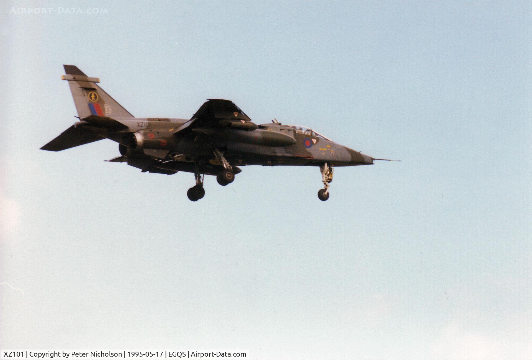 XZ101, 1976 Sepecat Jaguar GR.1A C/N S.102, Jaguar GR.1A of 16[Reserve] Squadron on final approach to Runway 05 at RAF Lossiemouth in the Summer of 1995.