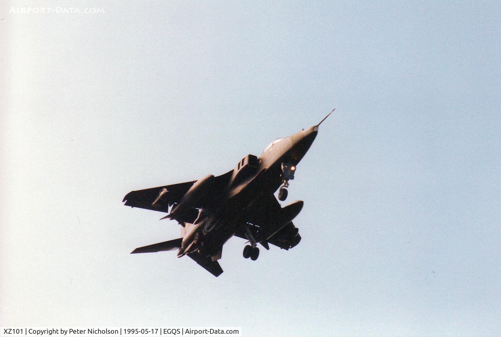 XZ101, 1976 Sepecat Jaguar GR.1A C/N S.102, Jaguar GR.1A of 16[Reserve] Squadron on approach to Runway 05 at RAF Lossiemouth in the Summer of 1995.