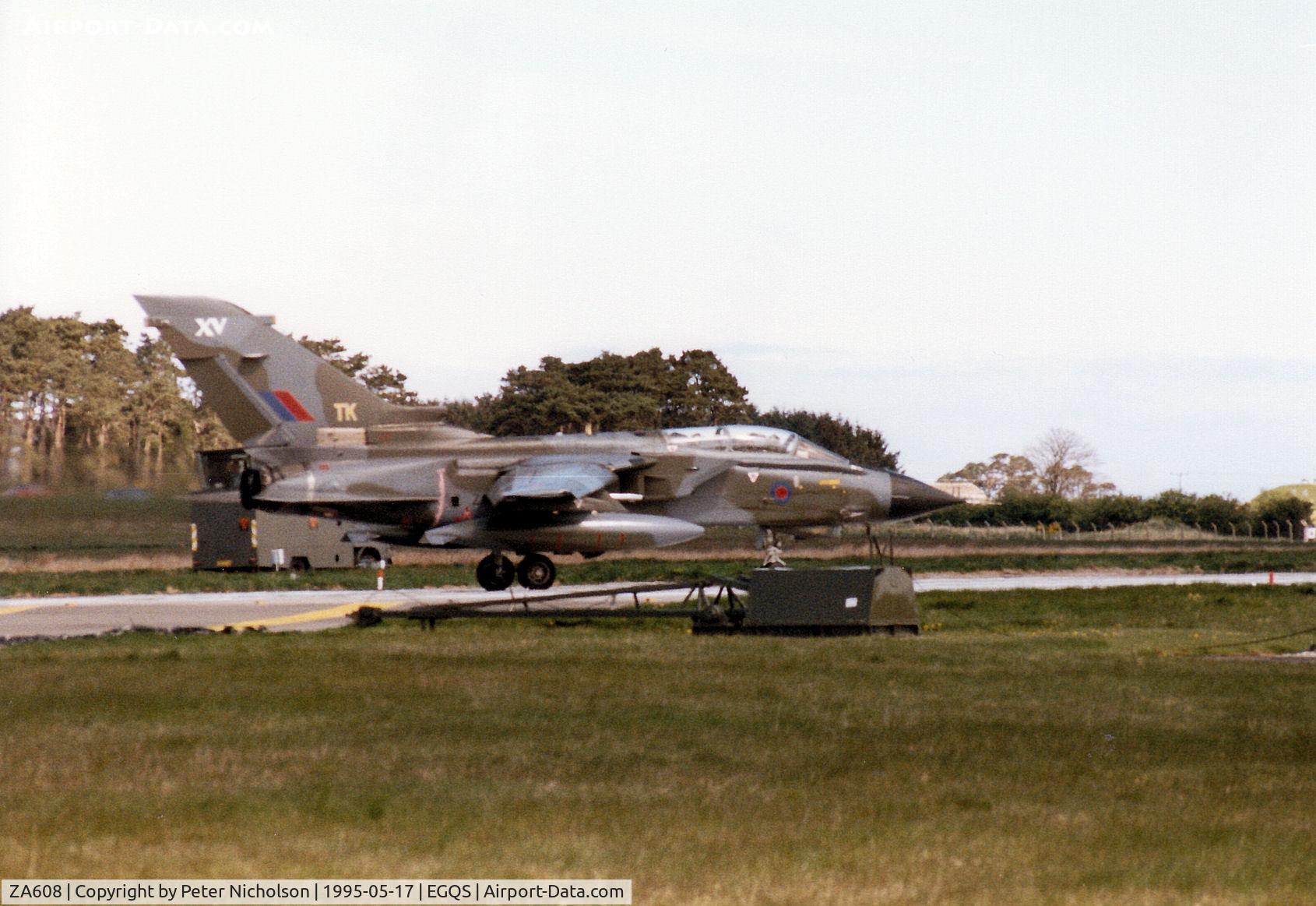 ZA608, 1982 Panavia Tornado GR.1 C/N 141/BS045/3072, Tornado GR.1 of 15 [Reserve] Squadron preparing for take-off from Runway 05 at RAF Lossiemouth in the Summer of 1995.