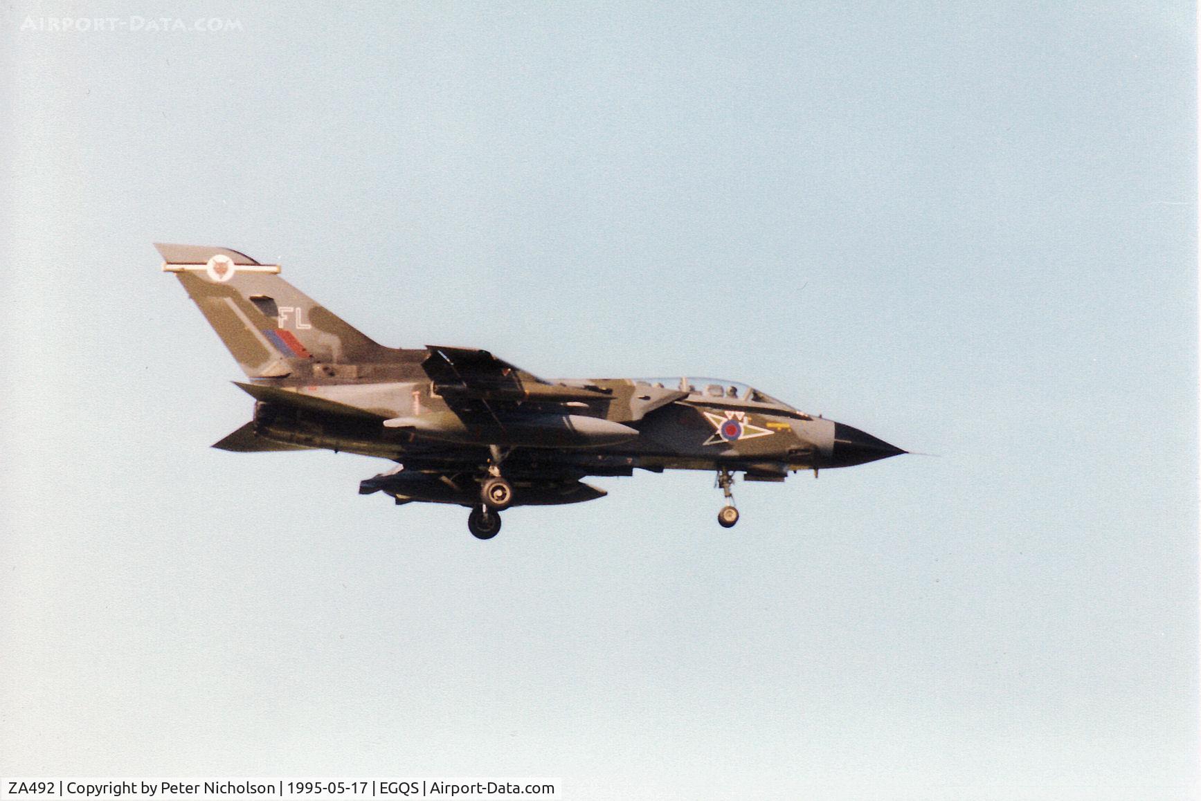 ZA492, 1983 Panavia Tornado GR.1B C/N 310/BS108/3144, Tornado GR.1B of 12 Squadron on final approach to Runway 05 at RAF Lossiemouth in the Summer of 1995.