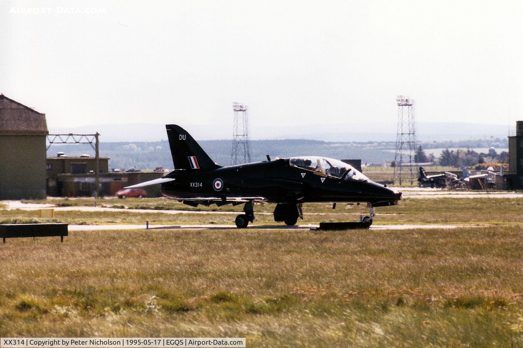 XX314, 1980 Hawker Siddeley Hawk T.1A C/N 150/312139, Hawk T.1A of 208 Squadron taxying to the active runway at RAF Lossiemouth in the Summer of 1995.