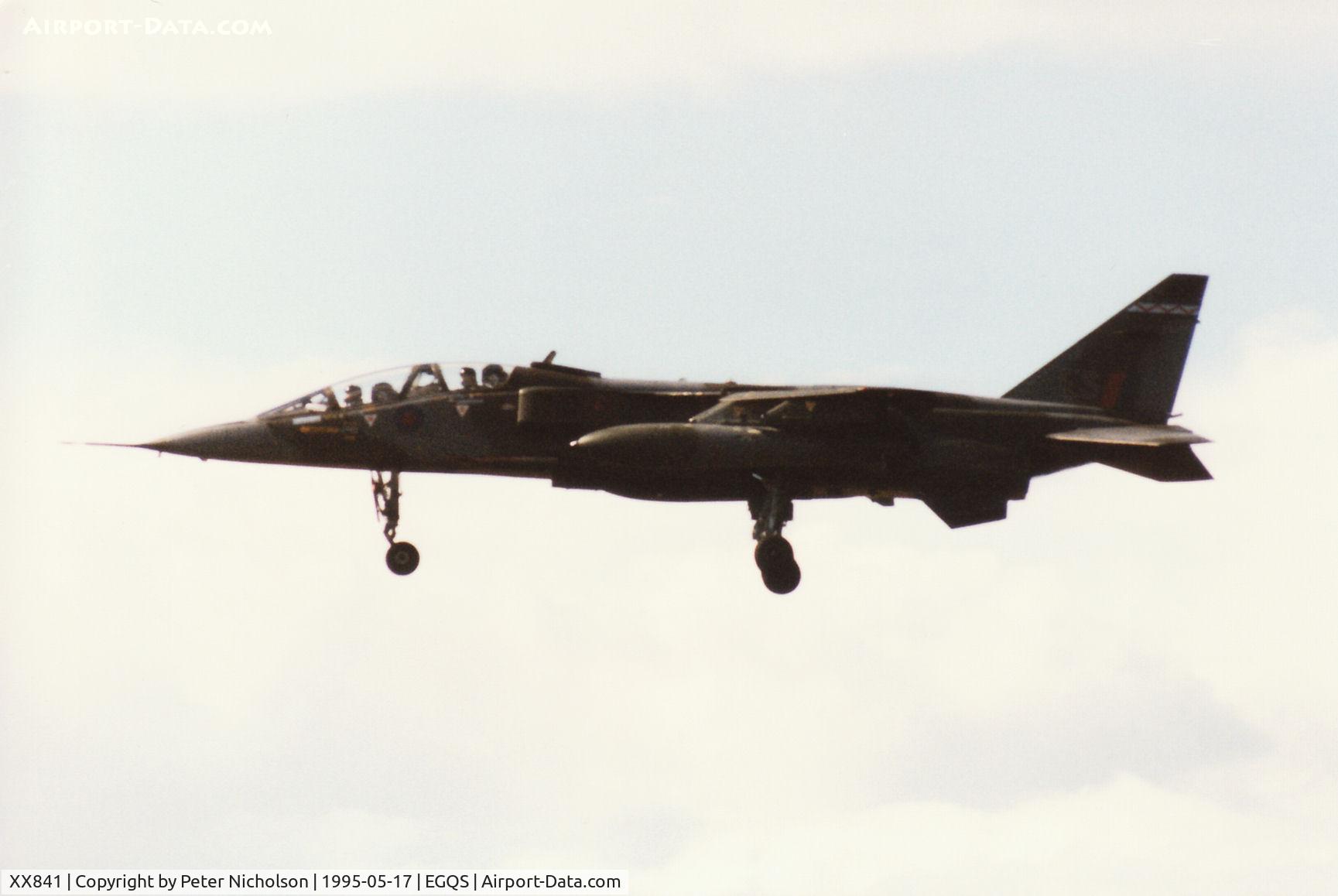 XX841, 1975 Sepecat Jaguar T.2A C/N B.29, Jaguar T.2A, callsign Blackcat 3, of 6 Squadron at RAF Coltishall on final approach to Runway 23 at RAF Lossiemouth in the Summer of 1995.