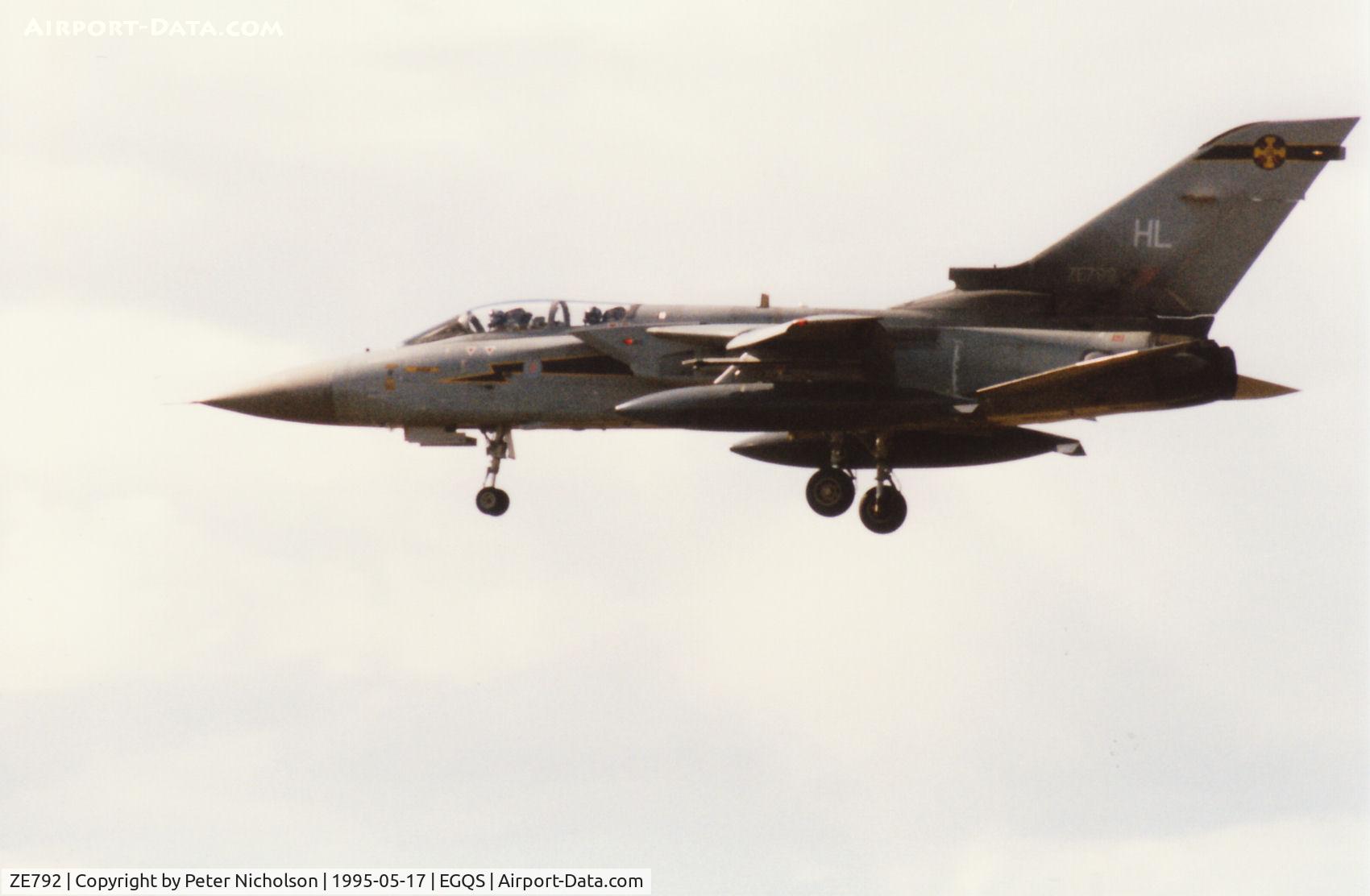 ZE792, 1988 Panavia Tornado F.3 C/N 704/AS068/3317, Tornado F.3 of 111 Squadron at RAF Leuchars on final approach to Runway 23 at RAF Lossiemouth in the Summer of 1995.