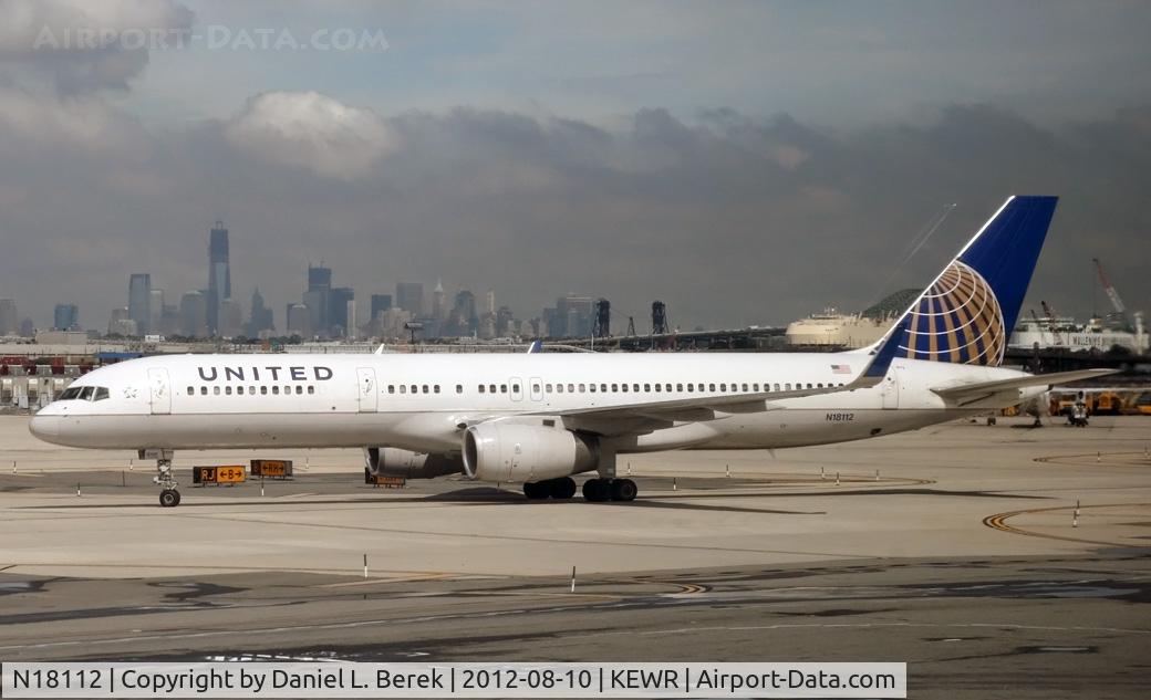 N18112, 1995 Boeing 757-224 C/N 27302, Just in from a European city, this handsome 757 taxies into Newark Airport.
