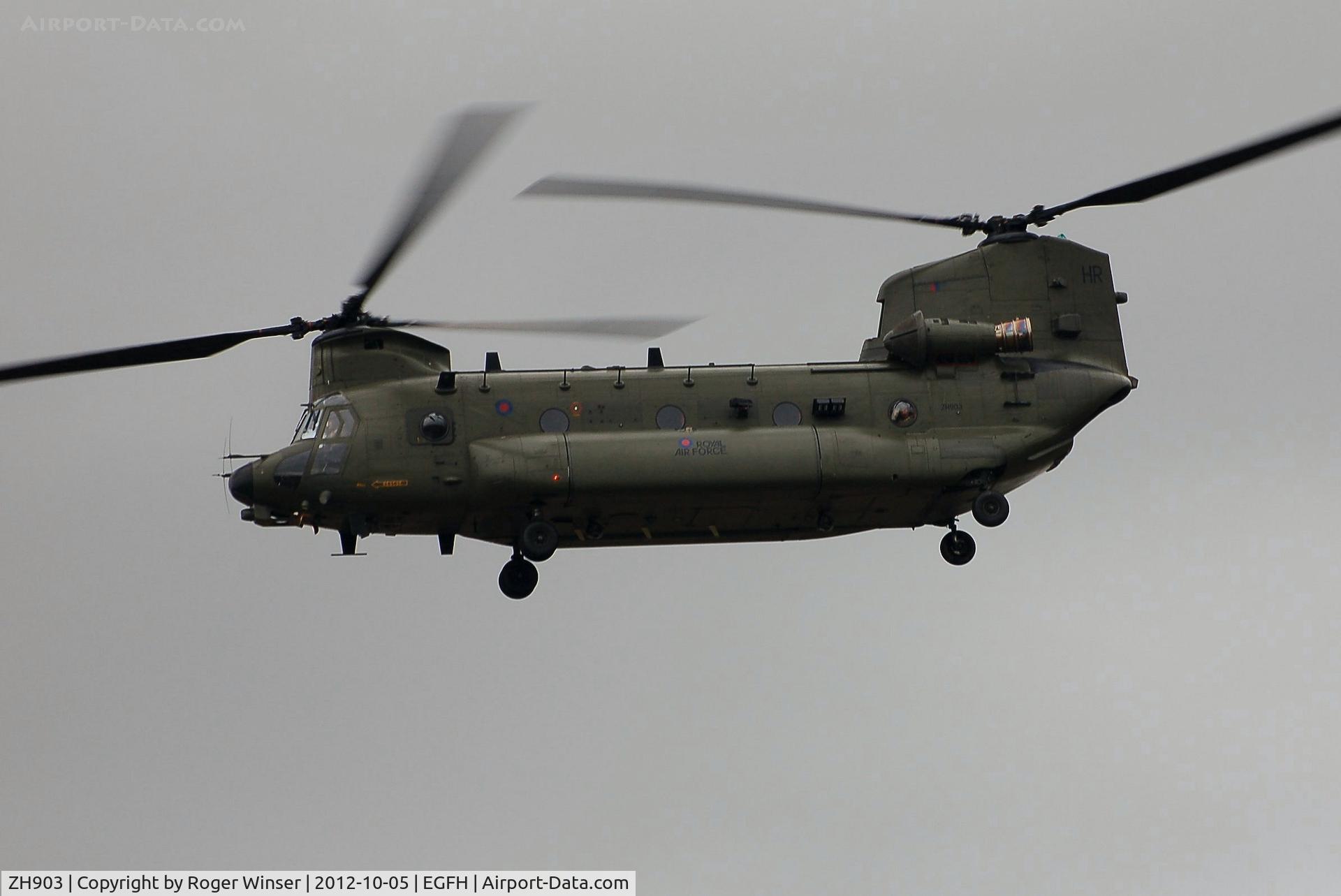 ZH903, Boeing Vertol Chinook HC.3 C/N M4482, Coded HR. Flypast by two RAF Chinook helicopters over Swansea Airport. ZH903 was led by ZH904 en-route to RAF Pembrey Sands Air Weapons Range (EGOP).
