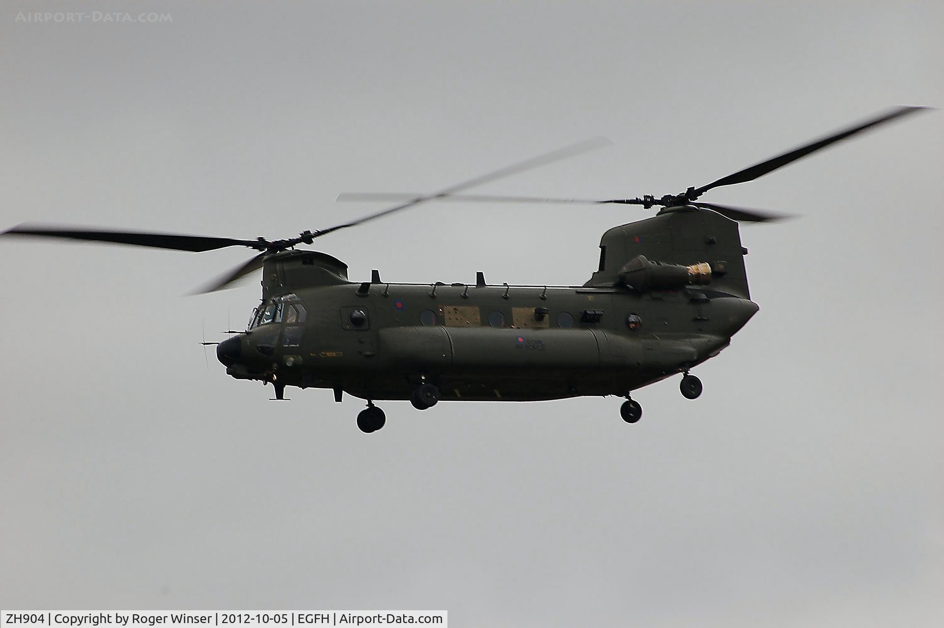 ZH904, 2001 Boeing Chinook HC.3 C/N M4483, Flypast by two RAF Chinook helicopters over Swansea Airport. ZH904 leading ZH903 en-route to RAF Pembrey Sands Air Weapons Range (EGOP).