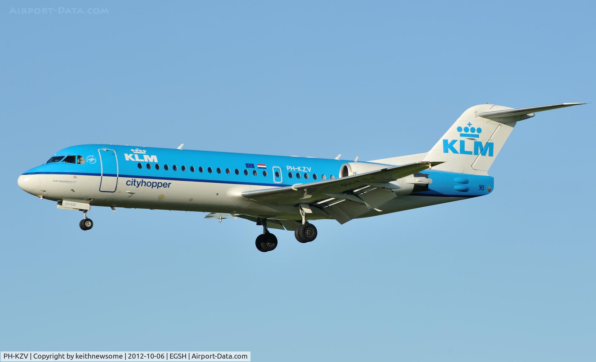 PH-KZV, 1995 Fokker 70 (F-28-0070) C/N 11556, One of the regular daily Norwich to Amsterdam flights landing into the sun.