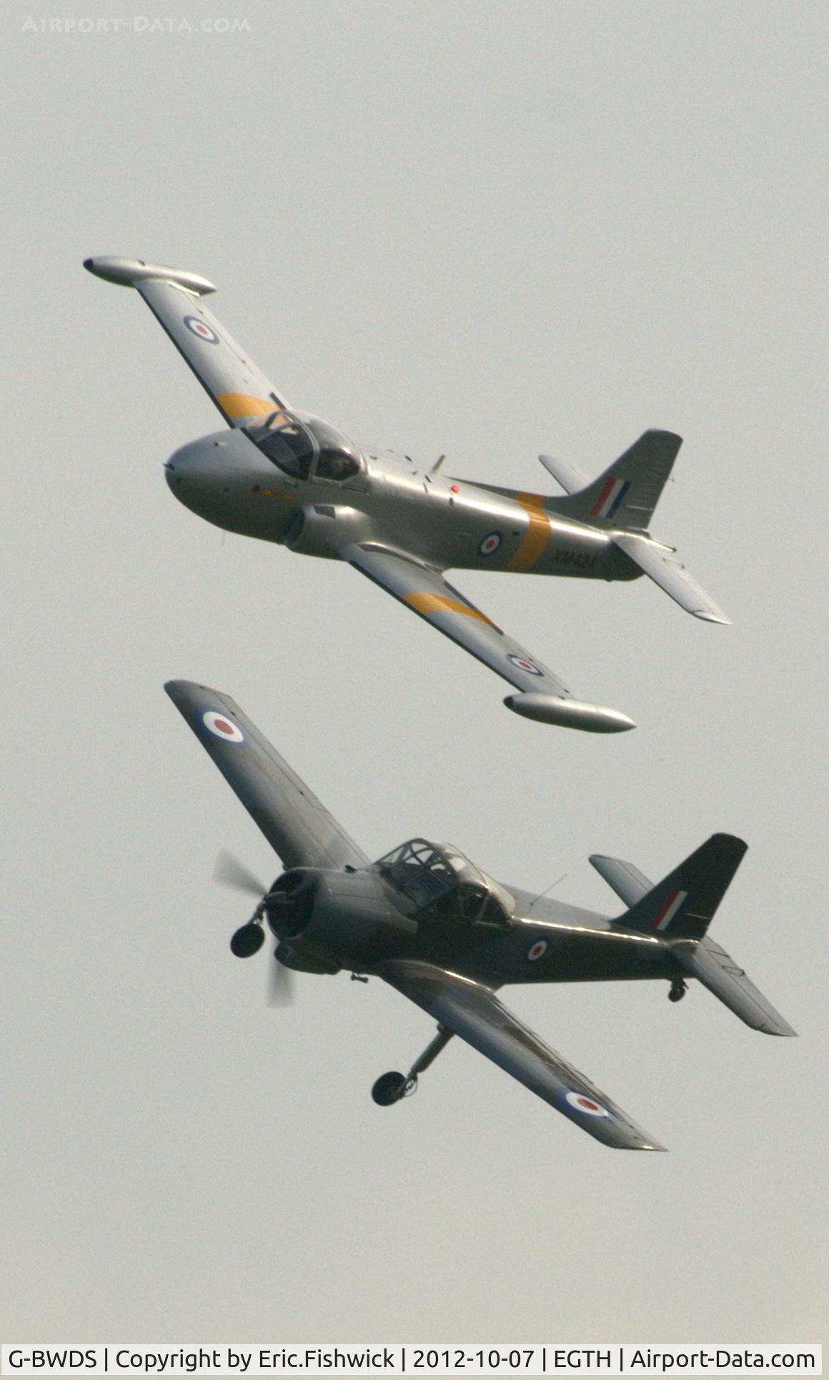 G-BWDS, 1960 Hunting P-84 Jet Provost T.3A C/N PAC/W/9231, 45. Piston and Jet Provost together at Shuttleworth Autumn Air Show, October, 2012