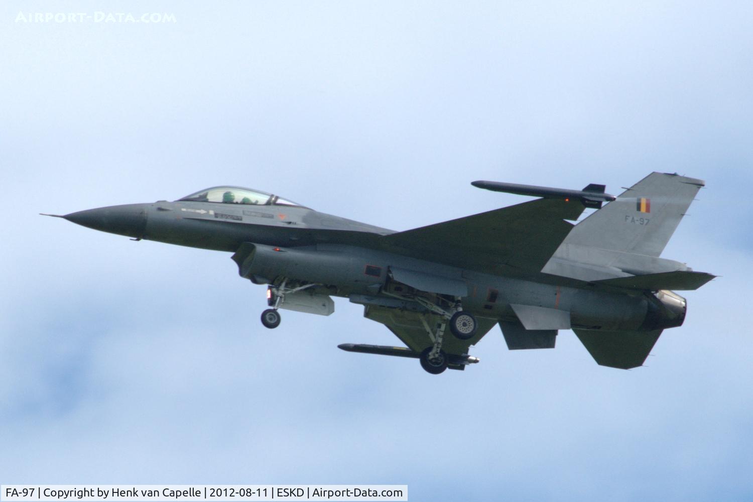 FA-97, 1988 SABCA F-16AM Fighting Falcon C/N 6H-97, A smokewinder equipped Belgian Air Force F-16AM during a flight display at Dala-Järna airfield, Sweden.
The pilot is capt. 