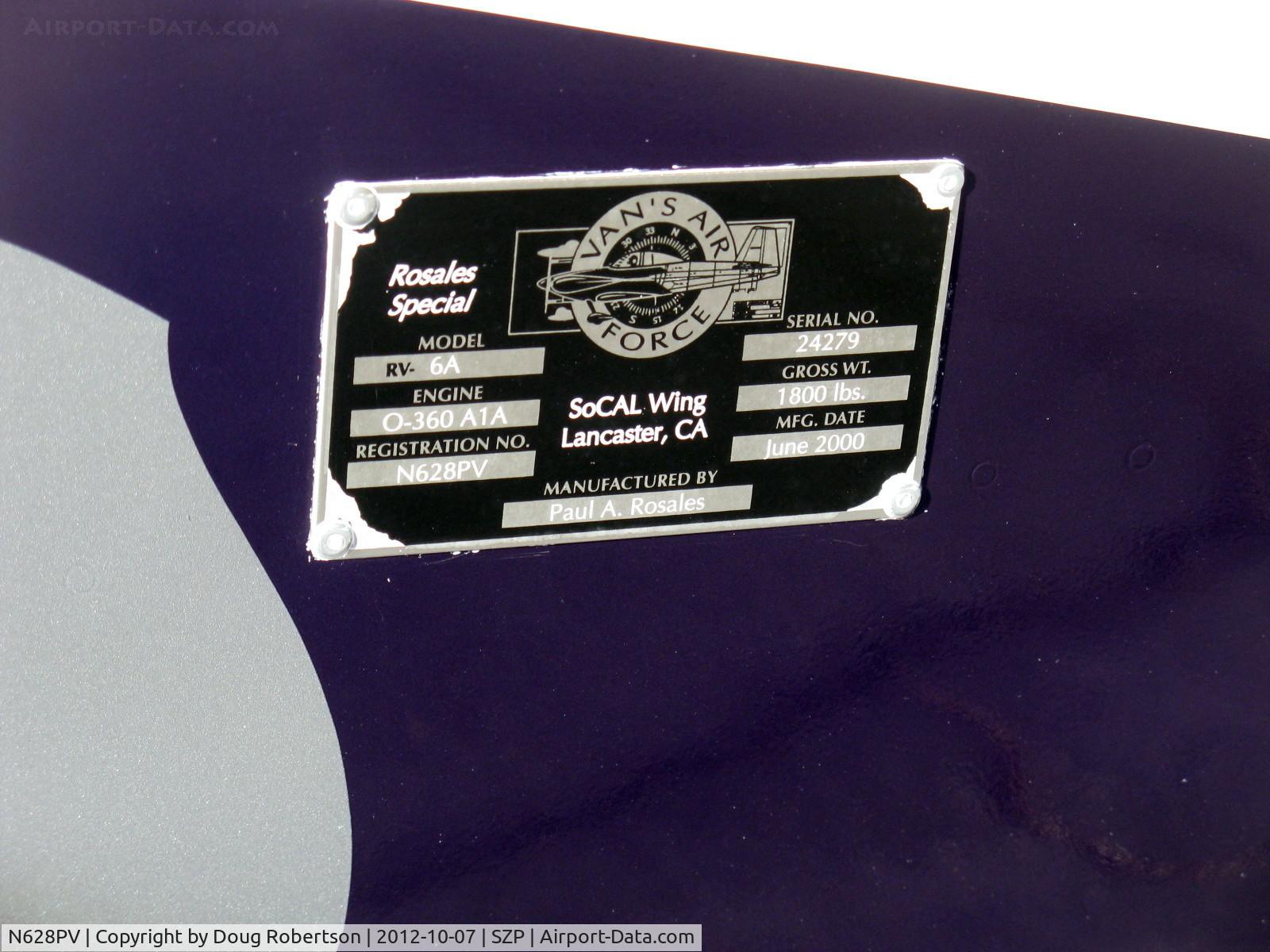 N628PV, 2000 Vans RV-6A C/N 24279, 2000 Rosales ROSALES SPECIAL VAN's RV-6A, Lycoming O-360-A1A 180 Hp, manufacturer's data plate
